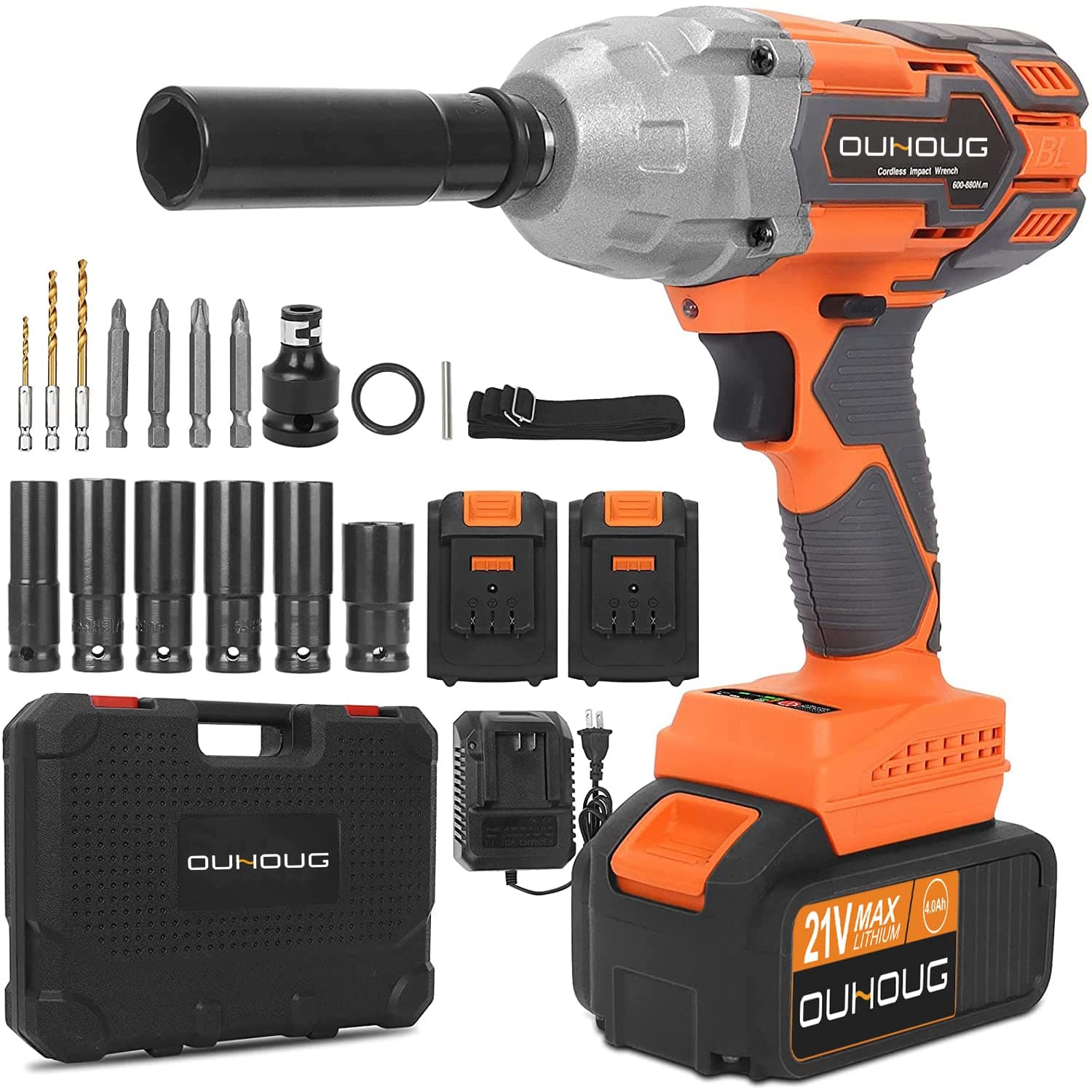 Cordless Impact Wrench 1/2 Inch Impack Gun 21V Power Impact Driver Impack Drill Max Torque 442Ft-lbs (600N.m) 3200RPM Li-ion 4.0AH Battery Pack Electric for Car Home