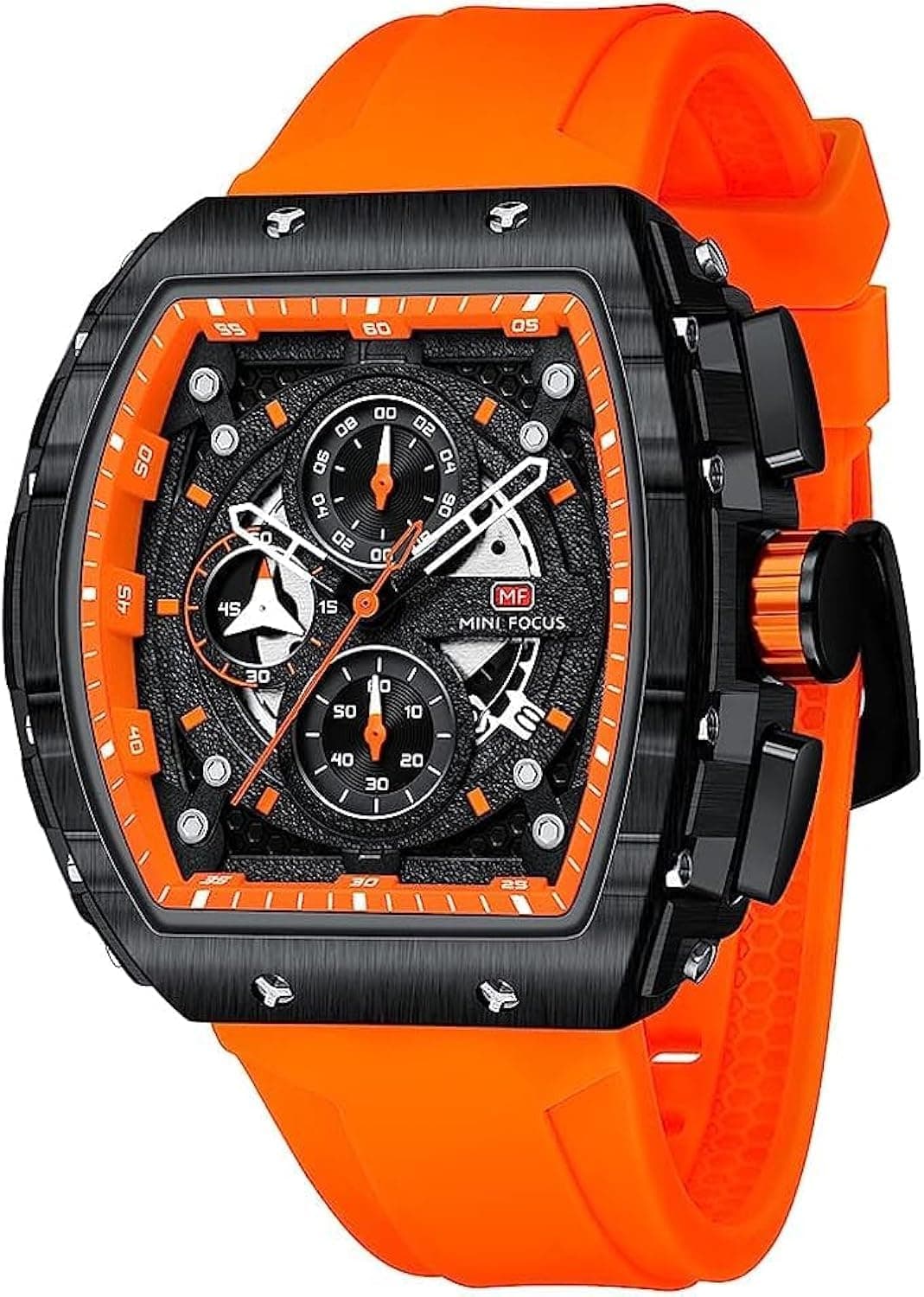 Men's Watch Fashion Tonneau Wrist Watches (Chronograph/Waterproof/Luminous/Calendar) Silicon Strap Quartz Watch for Men