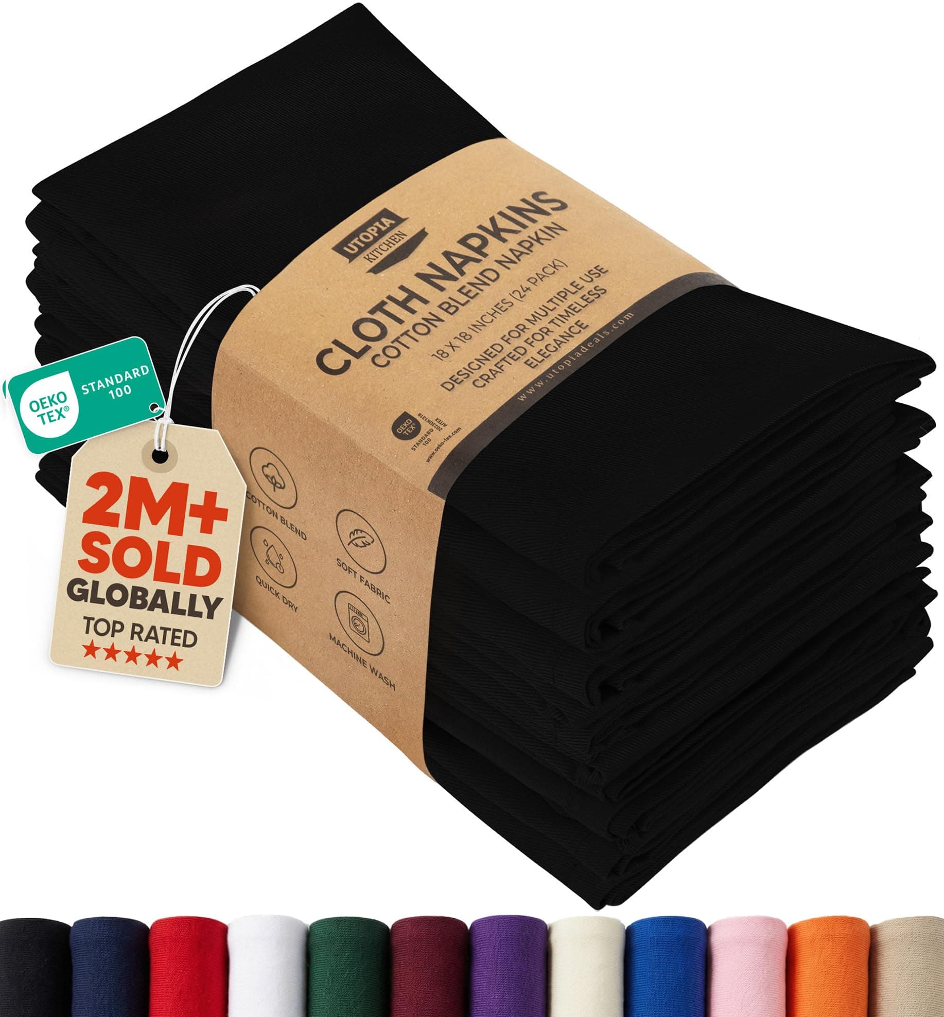 Utopia Kitchen Black Cloth Napkins [12 Pack, 18x18 Inch] Absorbent Cotton Blend Washable and Reusable for Dinner, Restaurant, Lunch, Wedding and Hotel