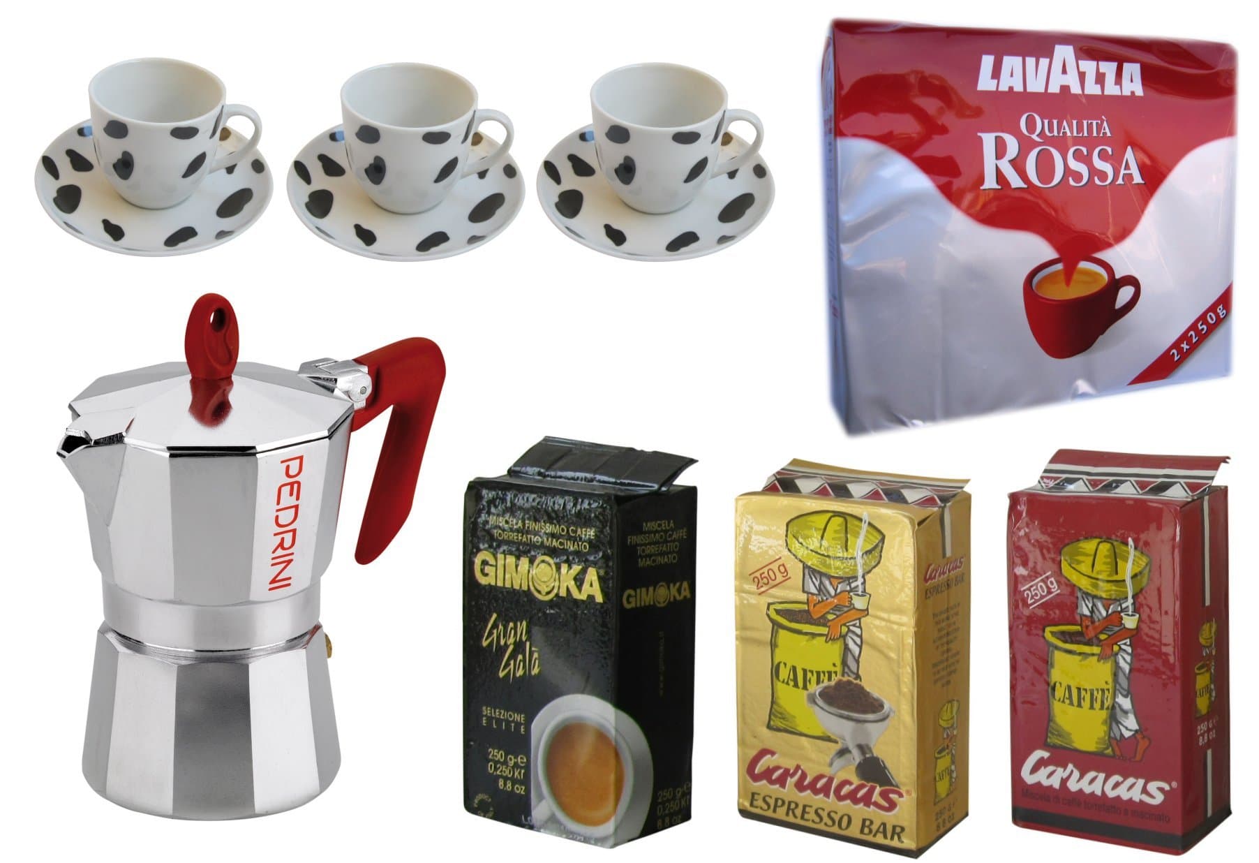 Set Italian Coffee+Moka #30: Pedrini "Kaffettiera" 3-Cups + 3 Cow-spotted Coffee Cups + 5 Packs of Italian Coffees! (250 Gr Each)