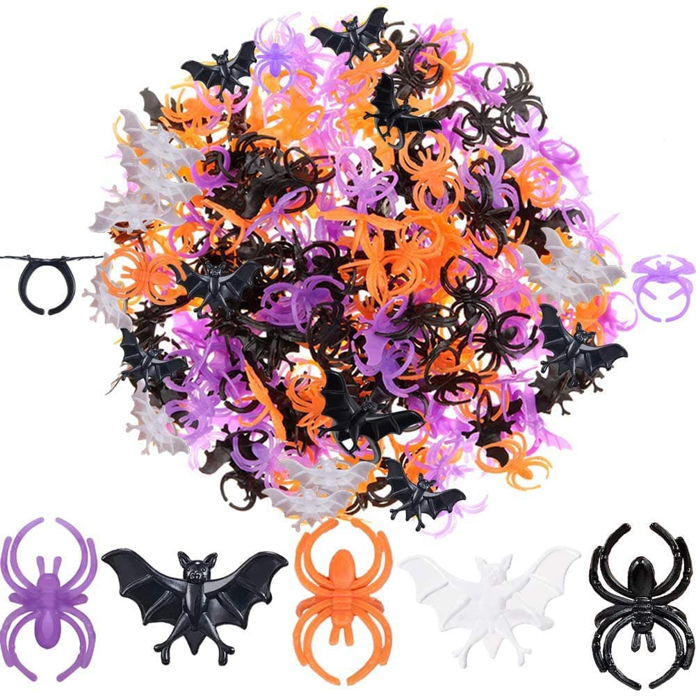 Halloween Spider Rings Bat Ring 150 Pcs, Fake Plastic Glow-in-The-Dark Women Finger Bat Ring Trick or Treat Toy Gifts for Kids Costume Accessories Cupcake Topper Party Decoration Black Purple Orange