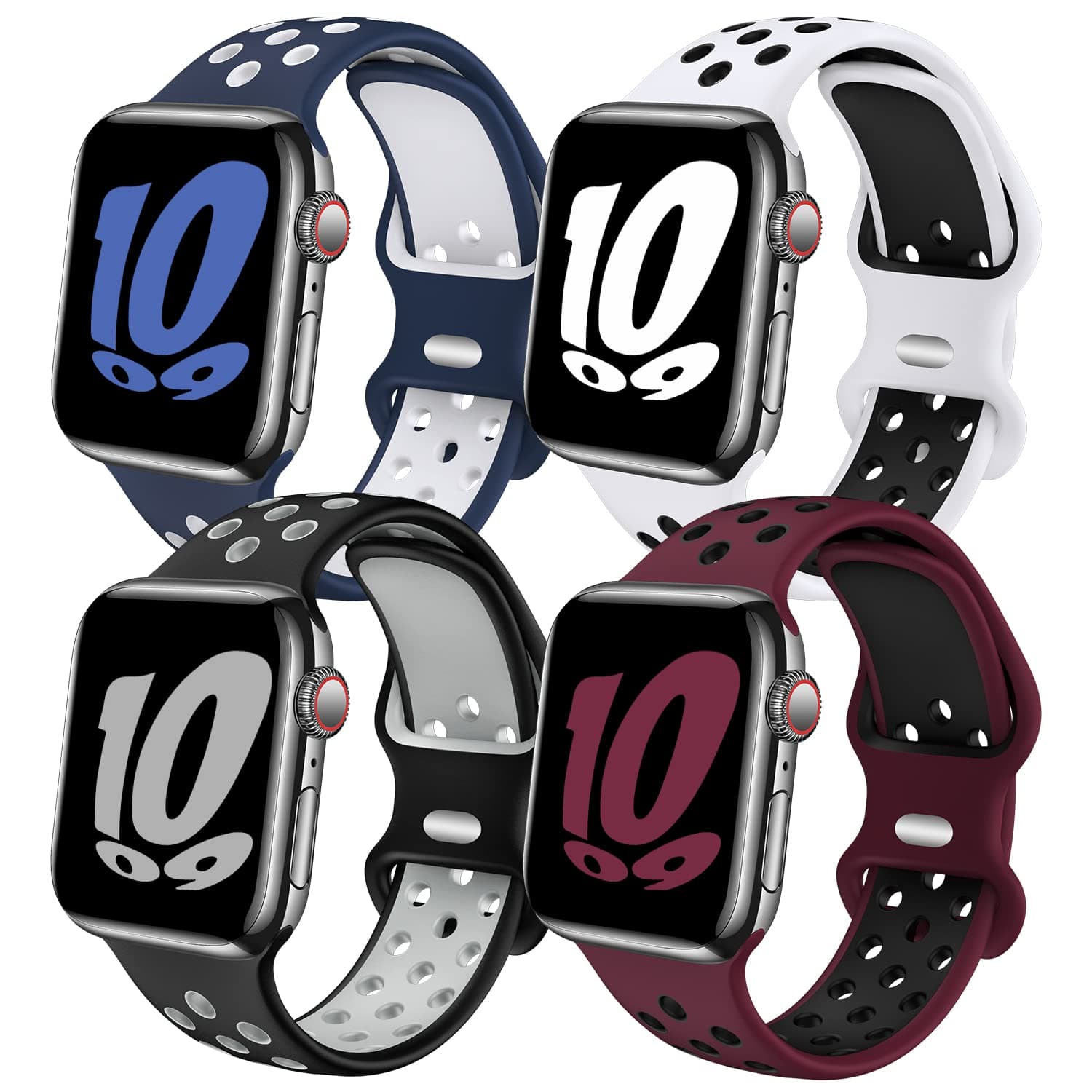 4 Pack Sport Bands Compatible with Apple Watch Band 38mm 40mm 41mm 42mm 44mm 45mm 49mm for Men Women, Soft Silicone Strap Breathable Replacement Band for iWatch Series 8 7 6 5 4 3 2 1 SE/Ultra, Nike+