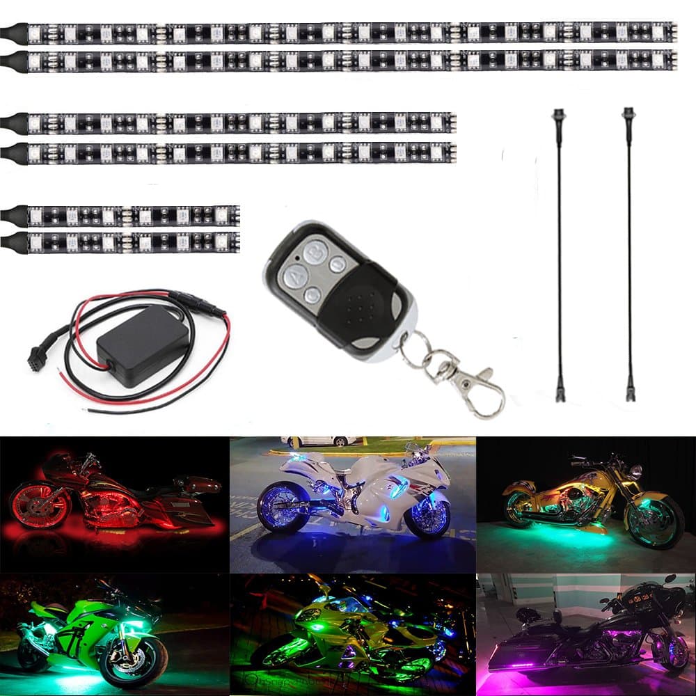 Motorcycle LED Light Kit Strips, Atmosphere LED Lighting Strip, RGB Multicolor Accent Glow Neon Lights Lamp with Remote for Harley Honda Kawasaki Suzuki Ducati BMW Davidso (6PCS)