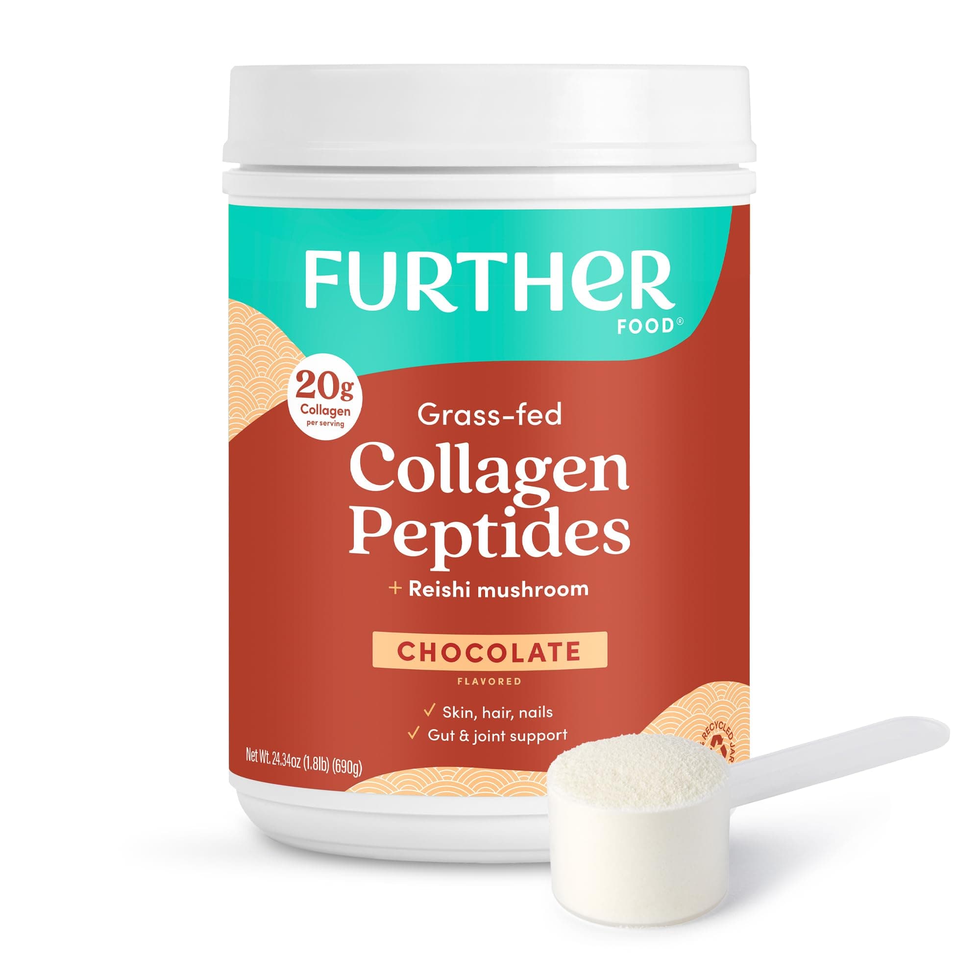 Chocolate Collagen Peptides Powder with Reishi Mushroom - 100% Grass-Fed, Hydrolyzed Type 1 & 3, 20g of Collagen per Serving, Supports Skin, Hair, Nails & Joints, 24.34 Oz