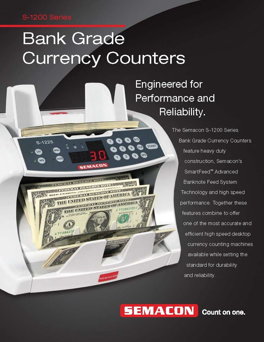 Semacon S-1200 High-Speed Bank Grade Currency Counter for Medium to Very High Level Usage Volumes, 3 Speed Settings and Batch Stop Setting, 800/1200/1600 Notes per Minute Counting Speed, 1-999 Range