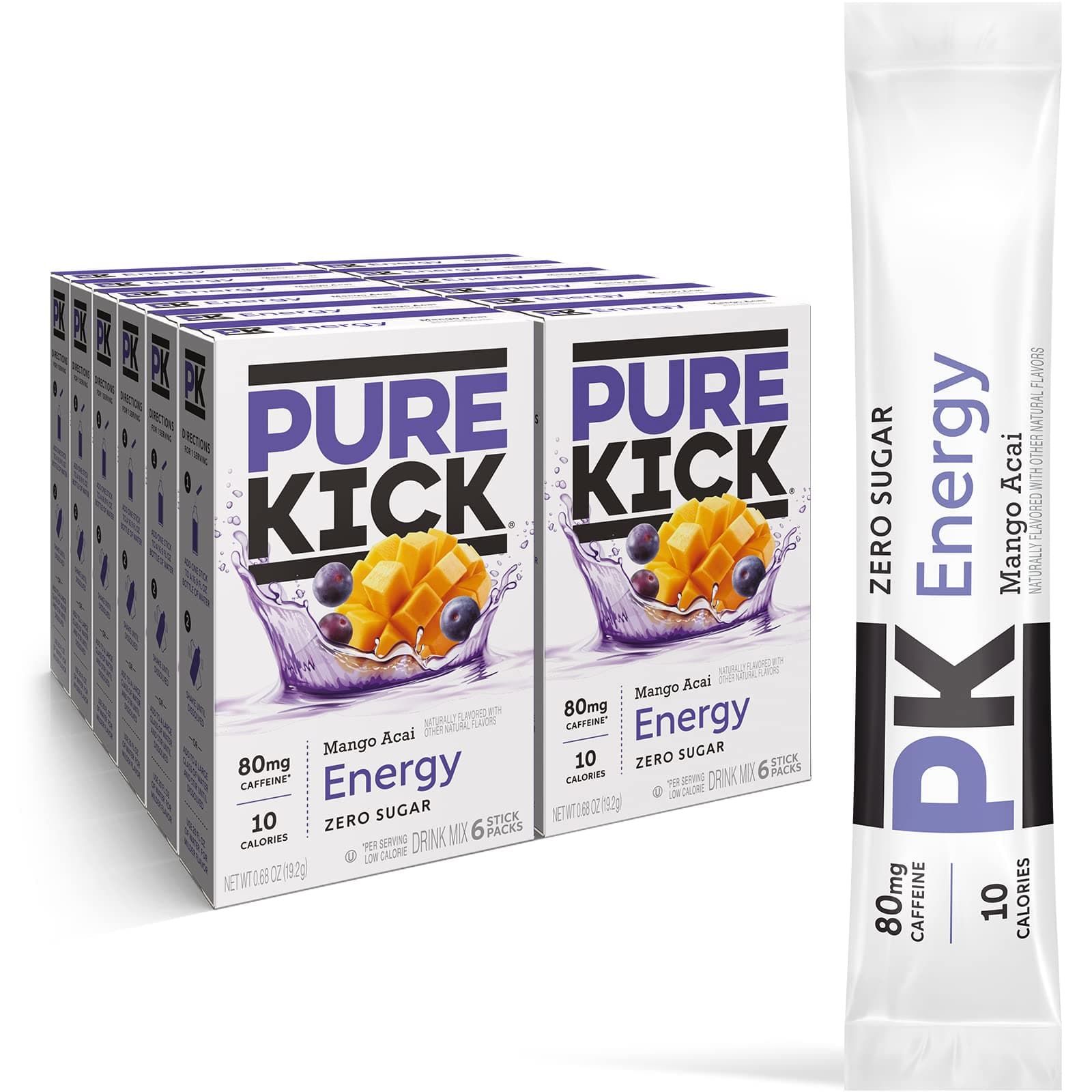 Pure Kick Energy Singles To Go Drink Mix, Mango Acai, Includes 12 Boxes with 6 Packets in each Box, 72 Total Packets