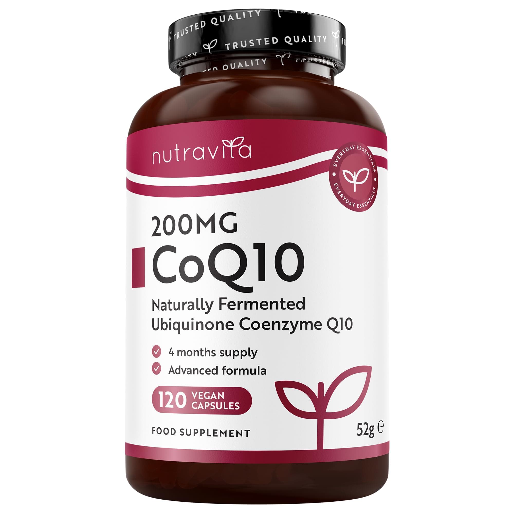 CoQ10 200mg - 120 Vegan Capsules of High Strength Co Enzyme Q10 (4 Months Supply) - 100% Pure and Naturally Fermented Ubiquinone Coenzyme - No Synthetic Additives - Made in The UK