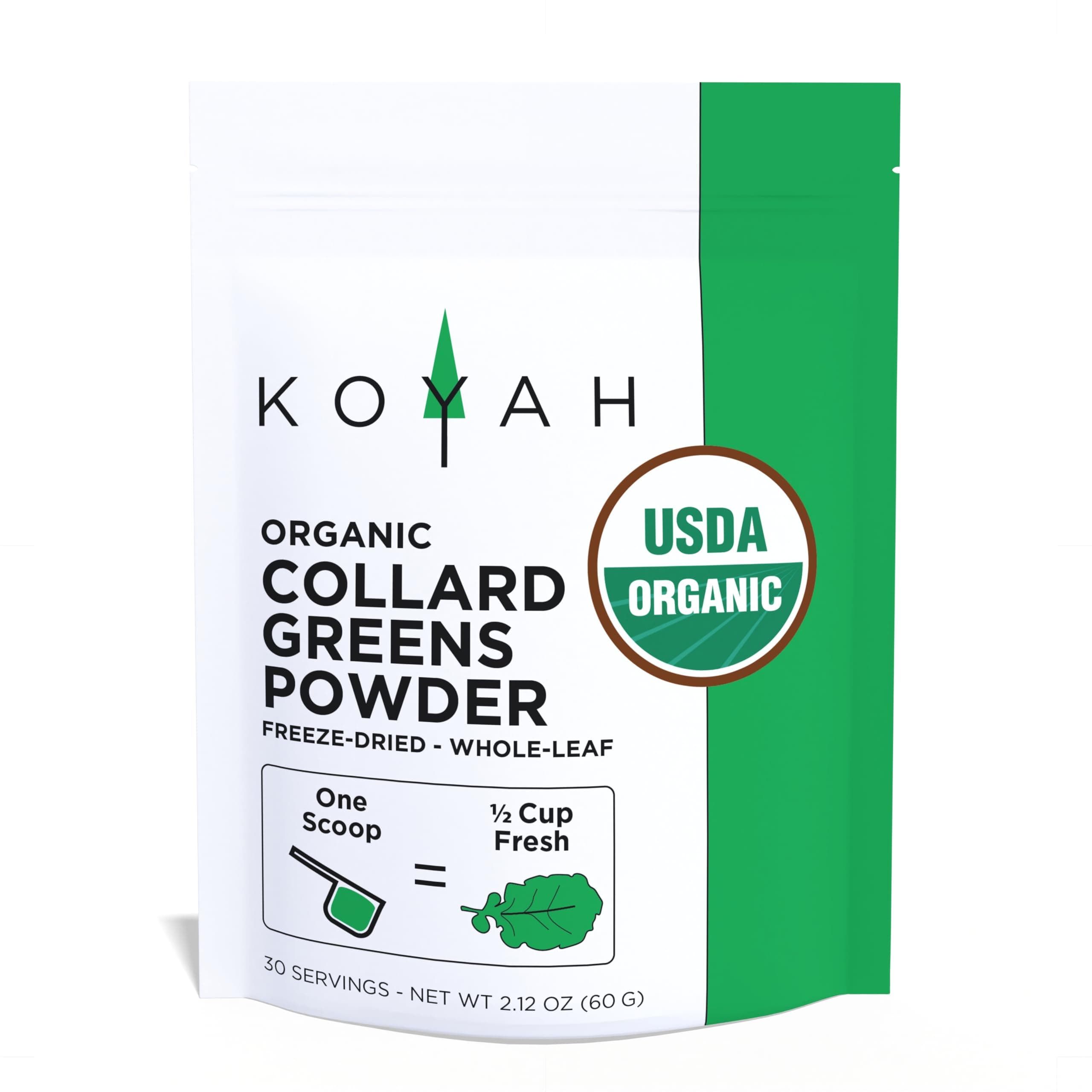KOYAH - Organic USA Collard Greens Powder (Equivalent to 15 Cups Fresh): Freeze-Dried, Whole-Leaf Powder