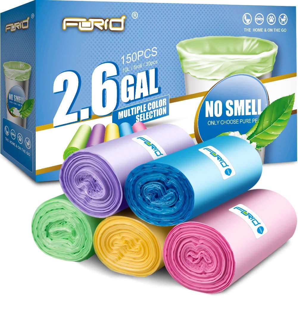FORID Small Trash Bags，2.6 Gallon Garbage Bags Bathroom Trash can Liners for Bedroom Home Kitchen 150 Counts 5 Color