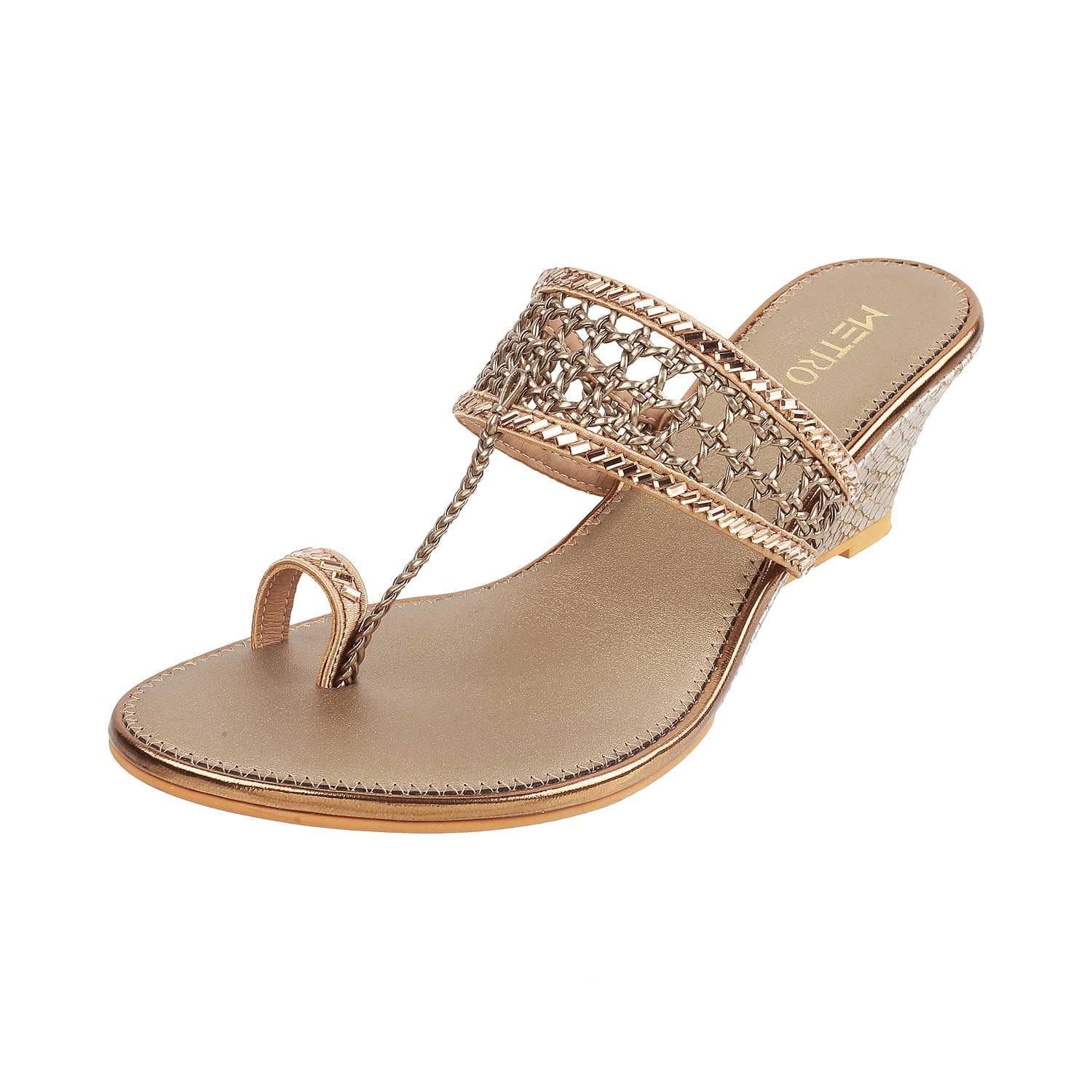 Metro Women's Gold Ethnic Faux Leather Slip On Fashion Heel Sandals