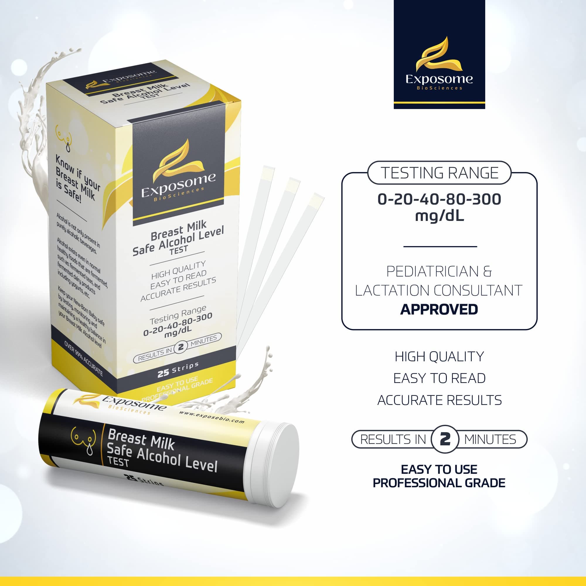 Breast Milk Alcohol Test Strips. Over 99% Accuracy. Detects Harmful Levels of Breast Milk Alcohol Content. Monitor The Effects of Dietary Choices On Breast Milk. 25 Test Strips