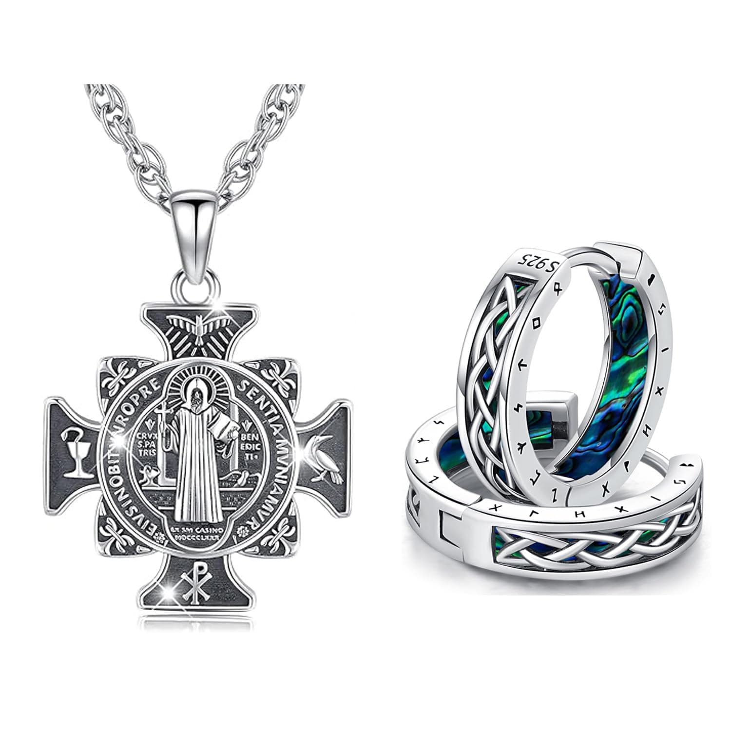 AmaviveSt Benedict Medals with Viking Hoop Earrings for Men Women Sterling Silver