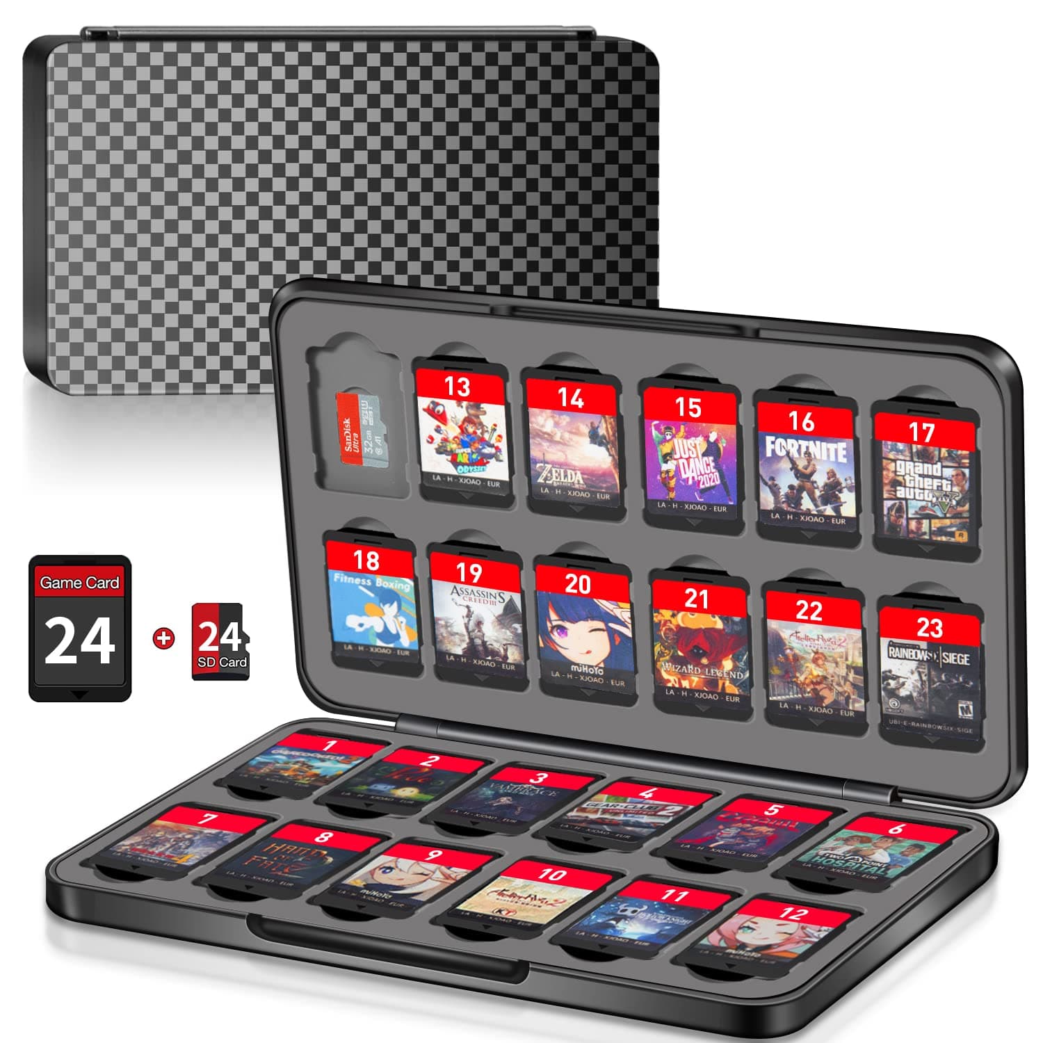 Switch Game Case with 24 Cartridge Slots and 24 Micro SD Cards, Portable Slim Game Organizer with Magnetic Closure, Protective Hard Shell and Soft Lining