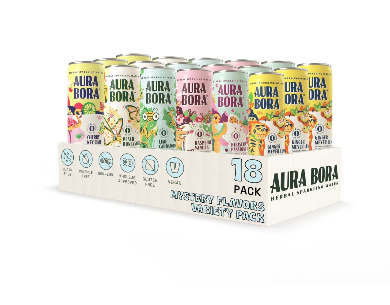 Aura Bora, Mystery Flavor Variety Pack, Herbal Sparkling Water, 12 oz Can (Pack of 18), 0 Calories, 0 Sugar, 0 Sodium, Non-GMO, Flavors May Vary