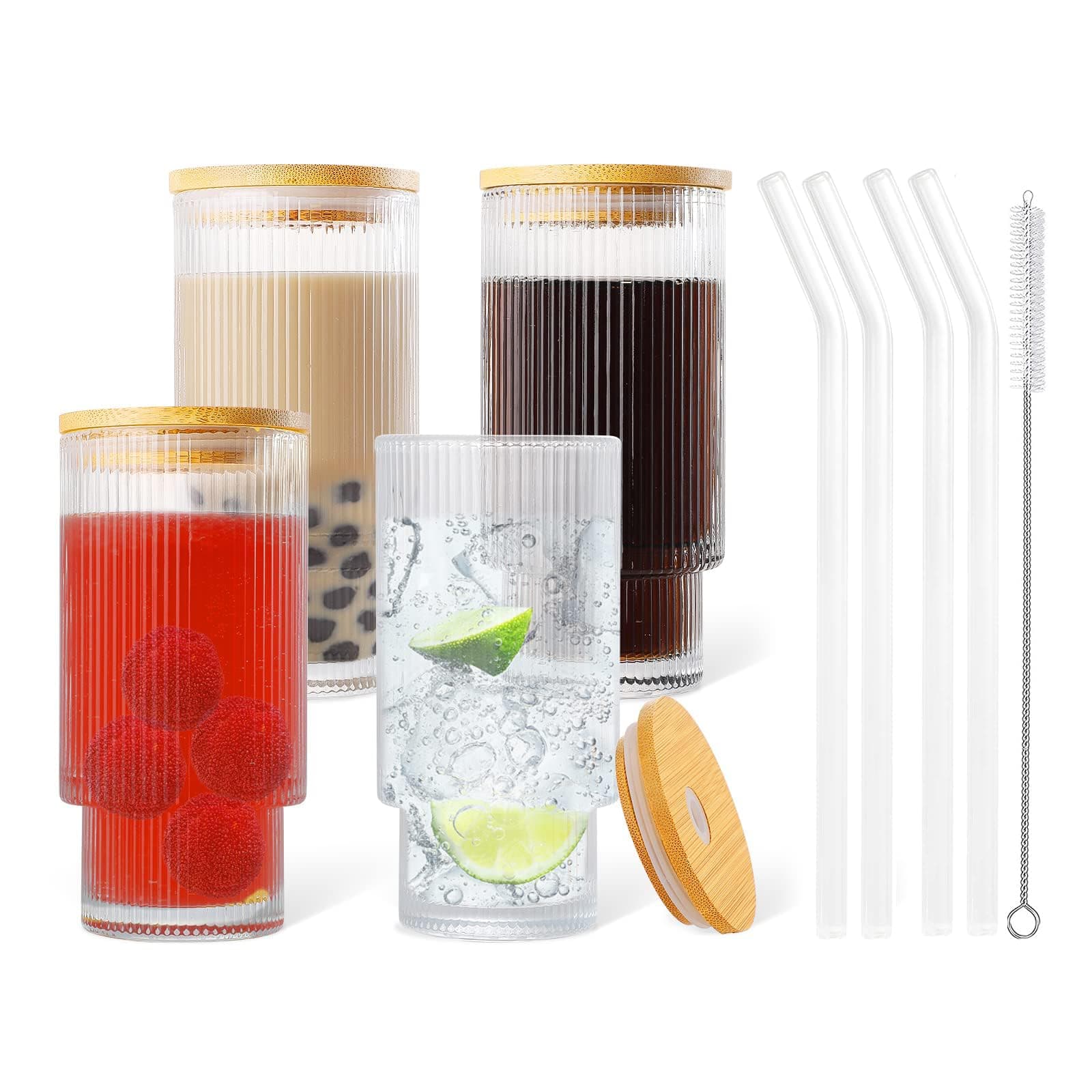 LENDIS Set of 4 Ribbed Glasses with Bamboo Lids and Glass Straws, Fluted Vintage Rippled Clear Glassware, Origami Drinking Glasses for Juice, Beer, Iced Coffee, Tea and Cocktails (12 oz)