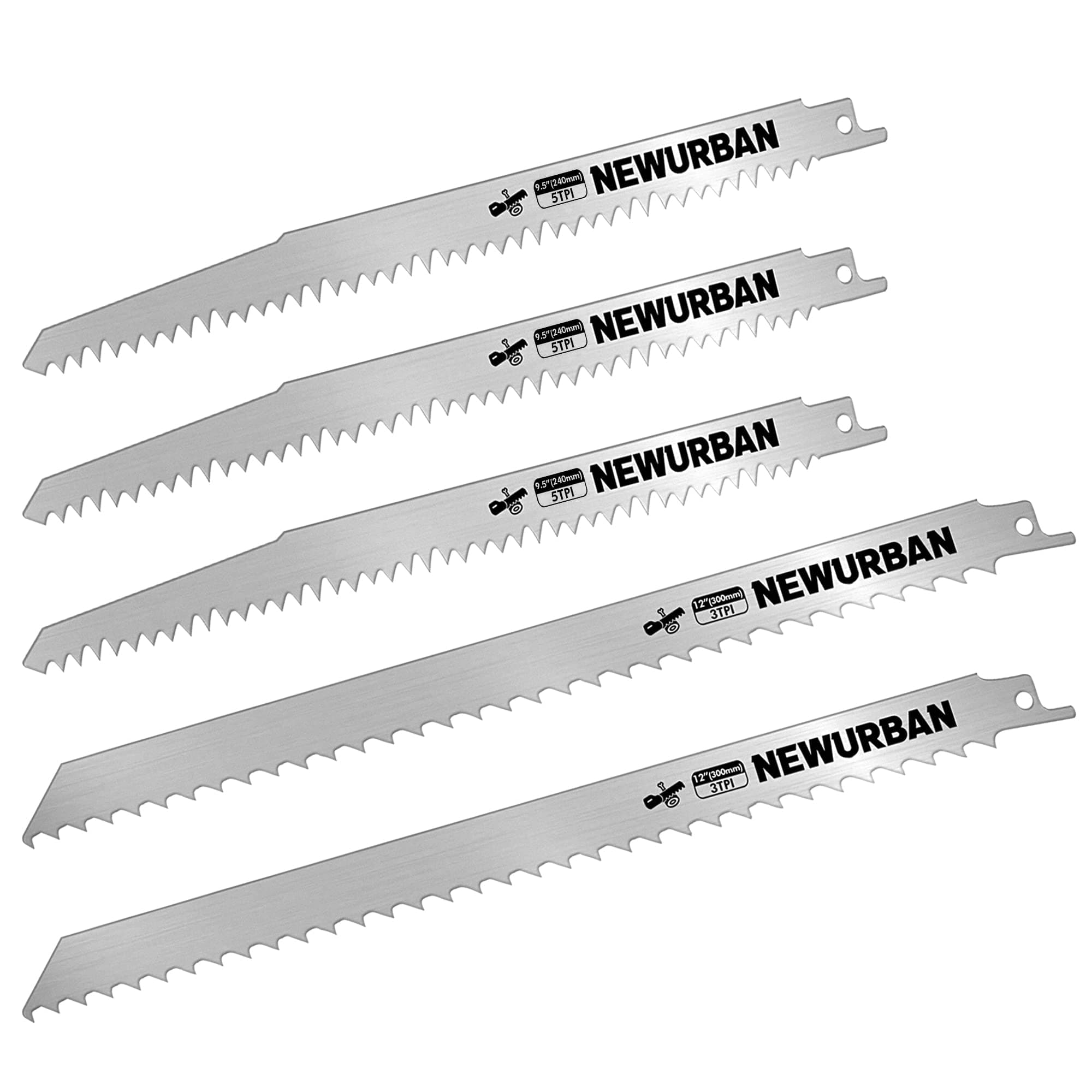 5 Pack Stainless Steel Reciprocating Saw Blades 5TPI 9 in (228mm) - 3 pcs / 3TPI 12 in (300mm) - 2 pcs for Frozen Meat Bone Food Cutting - Bonesaw Blade