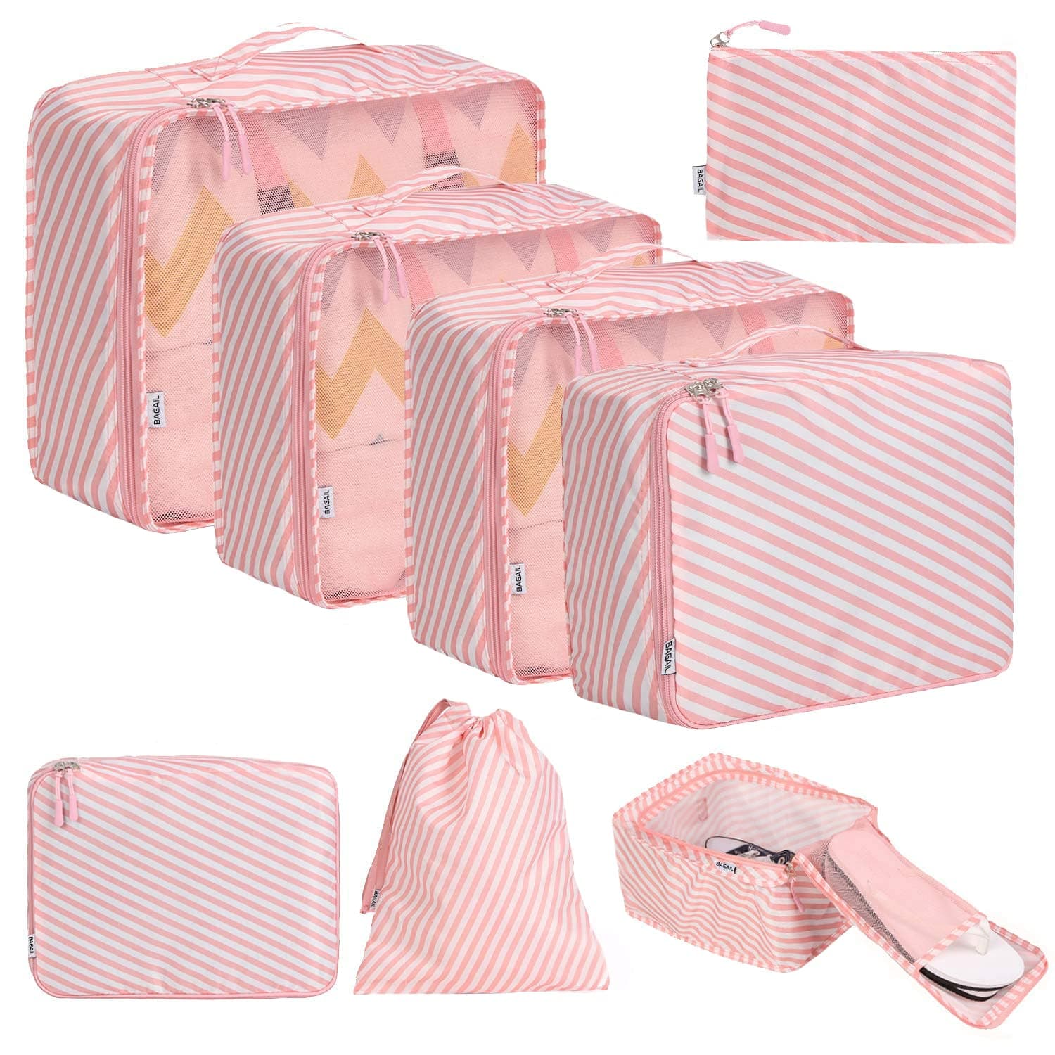 BAGAIL 8 Set Packing Cubes Luggage Packing Organizers for Travel Accessories, White and Pink Stripe, Small