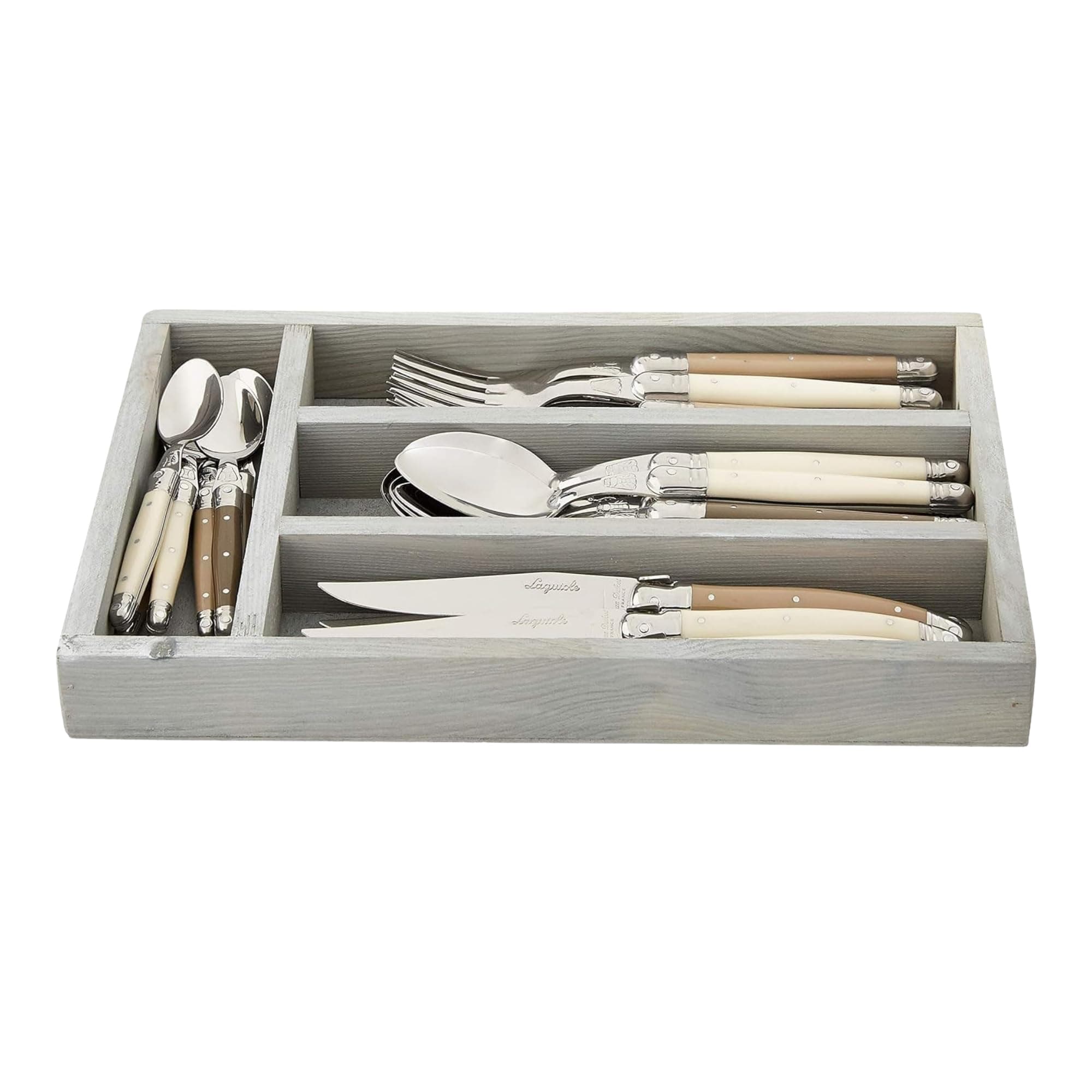Laguiole 24 Piece Everyday Flatware Set with Handles in a Tray, Linen