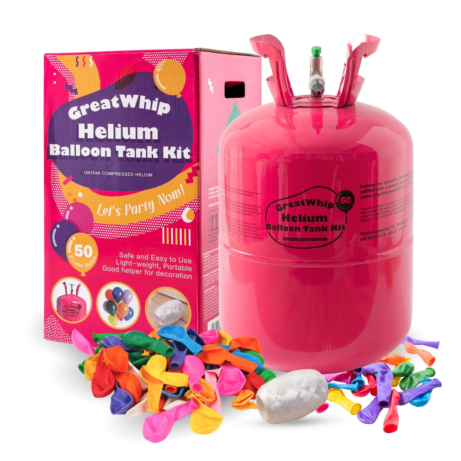 GreatWhip 13L Helium Tank Up To 50 Latex Balloons, Helium Tank For Balloons At Home, 50 Latex Balloons And Ribbons Included.