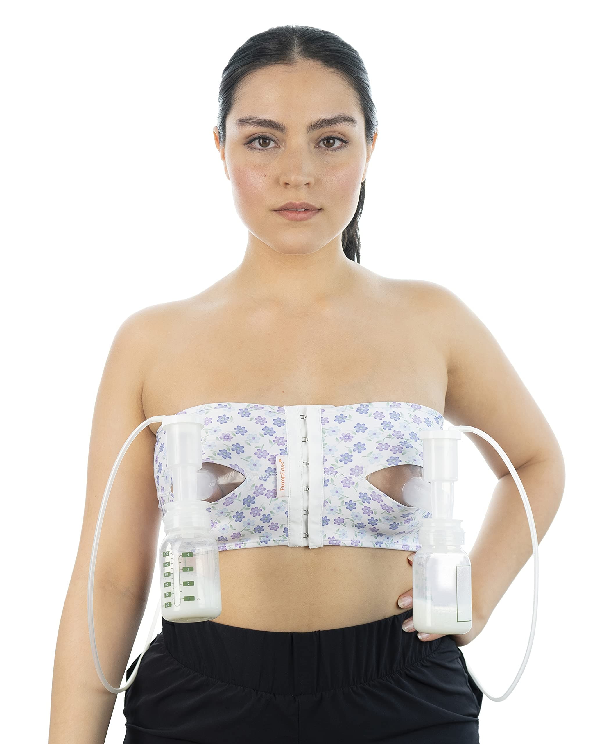 Snugabell PumpEase Hands-Free Breast Pumping Bra - Adjustable Spandex Bustier Supports 2 Breast Pumping Bottles