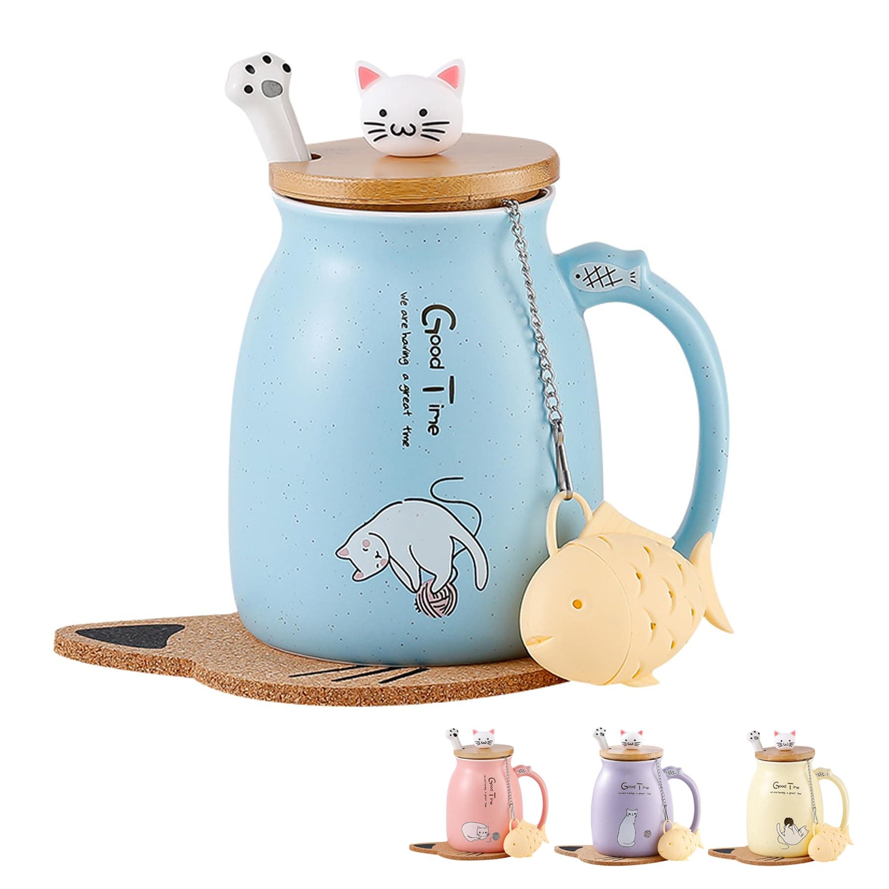BigNoseDeer Cute Mugs Kawaii Cat Mug Ceramic Coffee Mug Tea Cup with Infuser and Lid Spoon Tea Mug Cute Cool Preppy Stuff Gifts for Women (Blue 13oz)