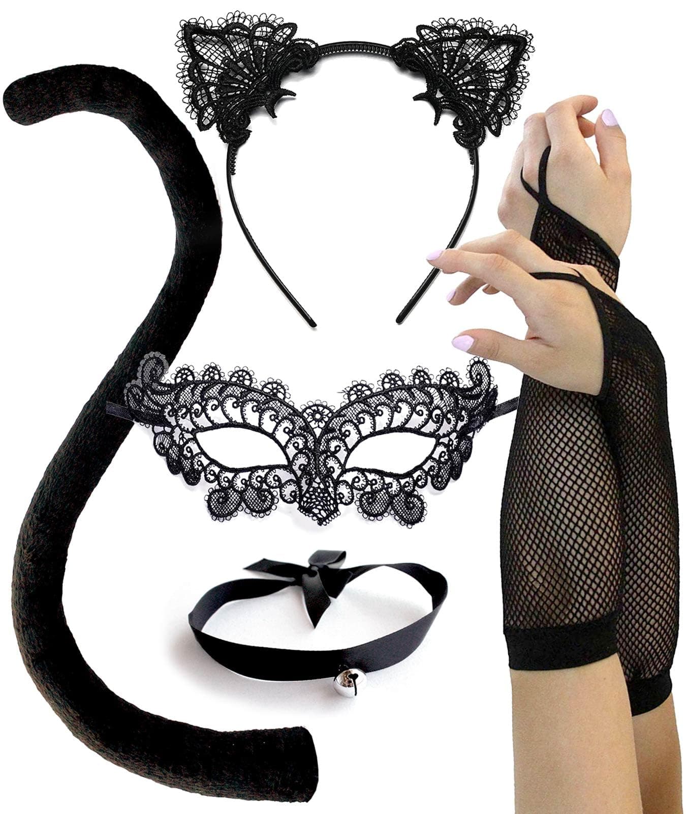 OLYPHAN Black Cat Costume for Women, Halloween Masquerade Mask, Lace Ears, Gloves, Tail, Choker Necklace