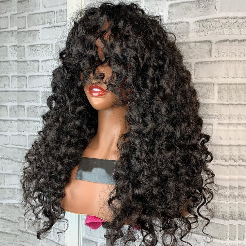 RHEANNA 200 Density Short Curly Human Hair Wigs With Bangs Scalp Top Full Machine Made Wig Remy Brazilian Jerry Curl Wig 24inch