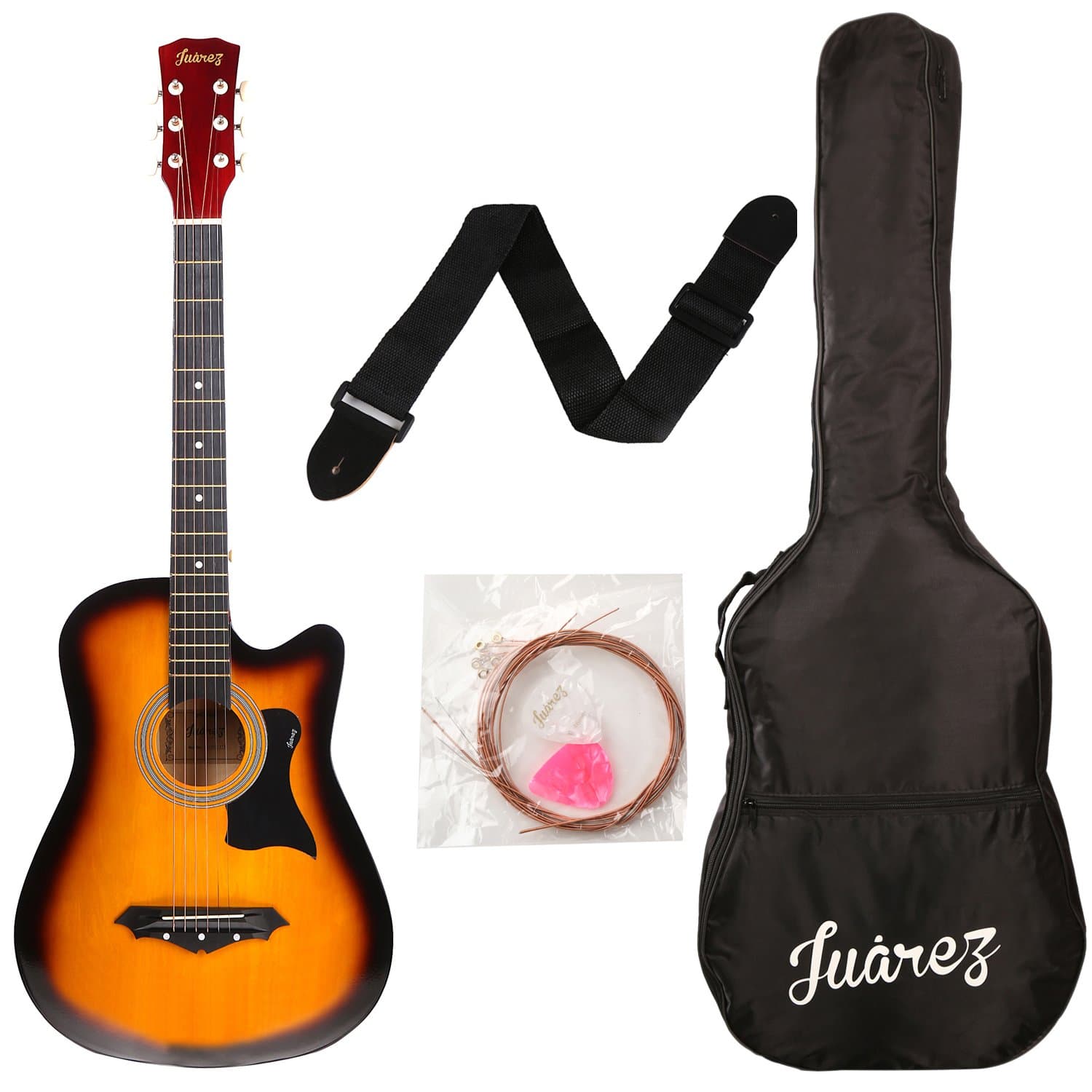 Juarez Lindenwood Acoustic Guitar Kit, JRZ38C/3TS 38 Inches Cutaway, 38C With Bag, Strings, Picks And Strap, 3TS Sunburst