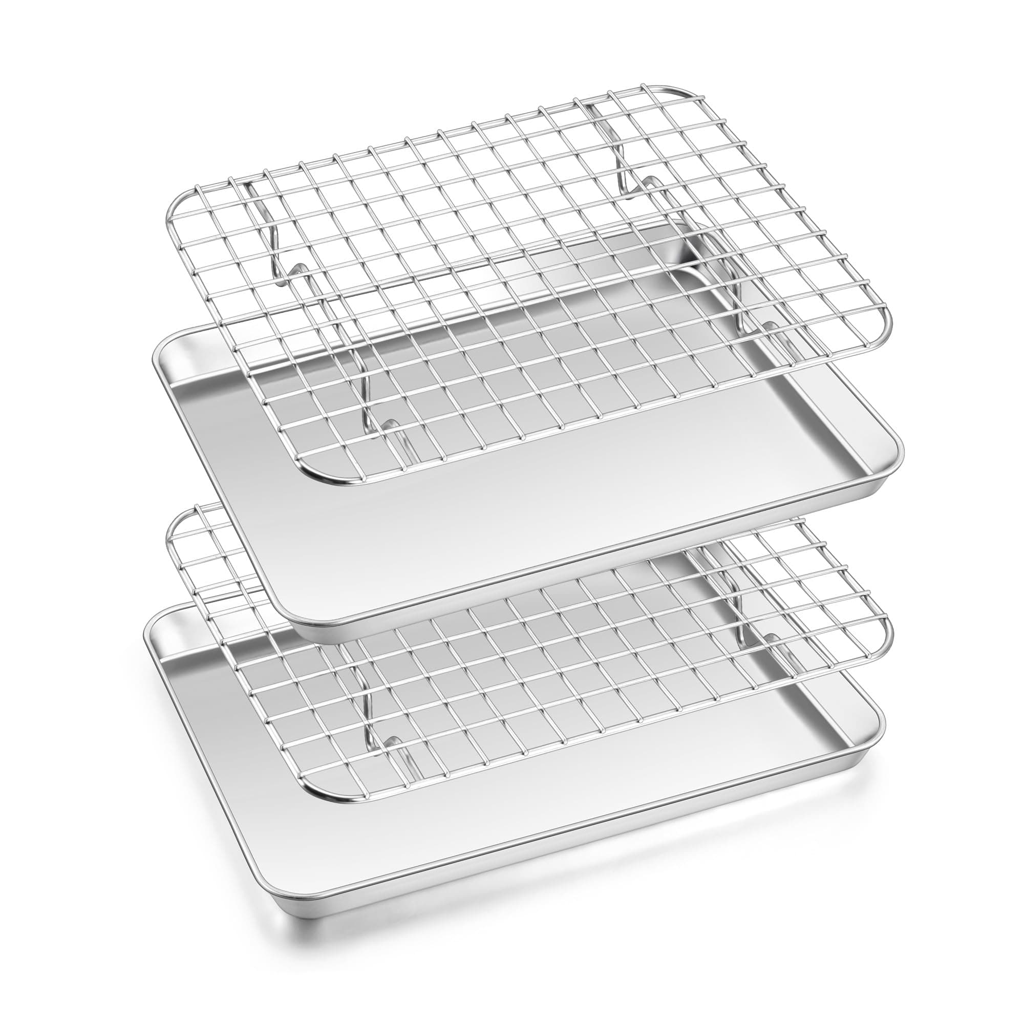 - Toaster Oven Pan with Rack Set (2 Small Baking Sheets+2 Grill Racks), 9 x 7 Inch Stainless Steel Small Cookie Sheets Bacon Tray with Grid Cooling Racks for Baking Roasting Grilling, Dishwasher Safe