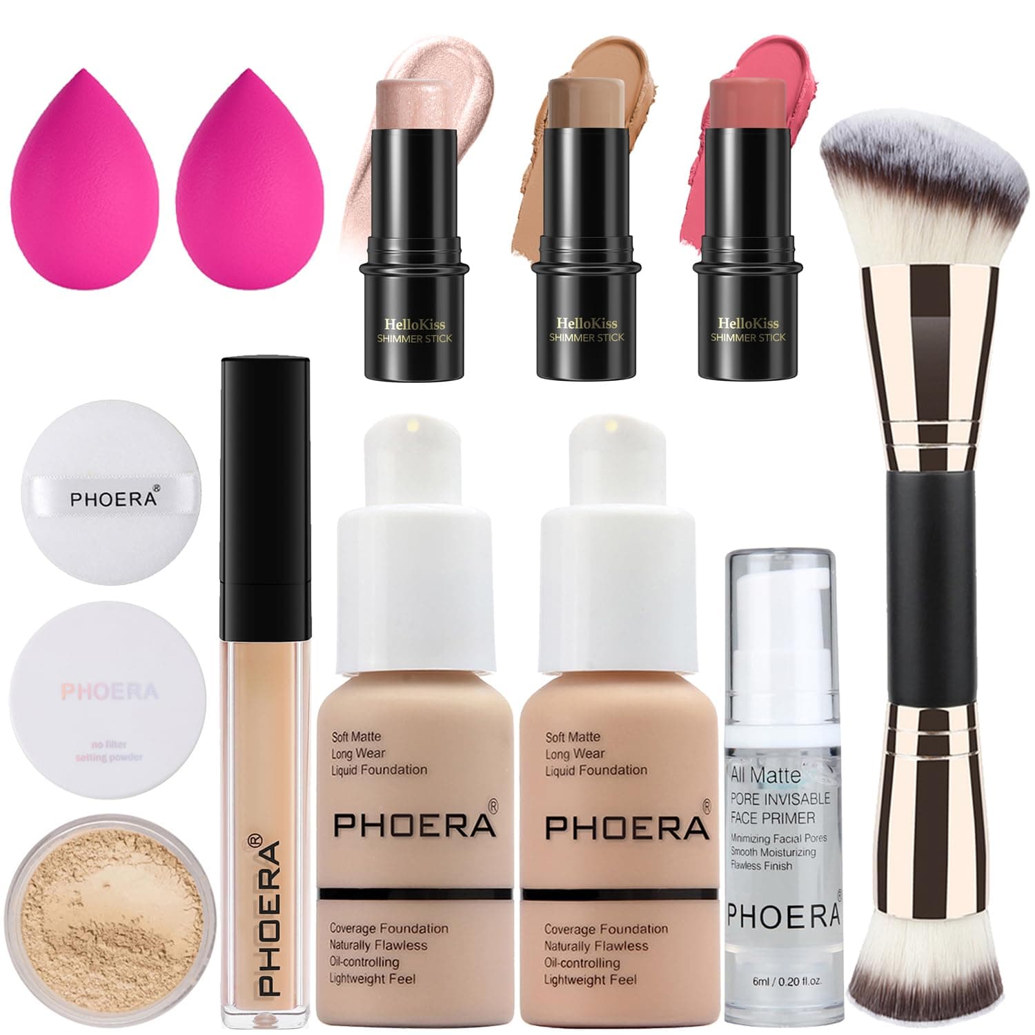 PHOERA Foundation, 3 PCS Contour Makeup Kit, Shades With Highlighter, Blush and Bronzer for Sculpting Cheeks (102+103+ Fair-Light Contour/Nude + Warm Peach+#03,#09,#12)