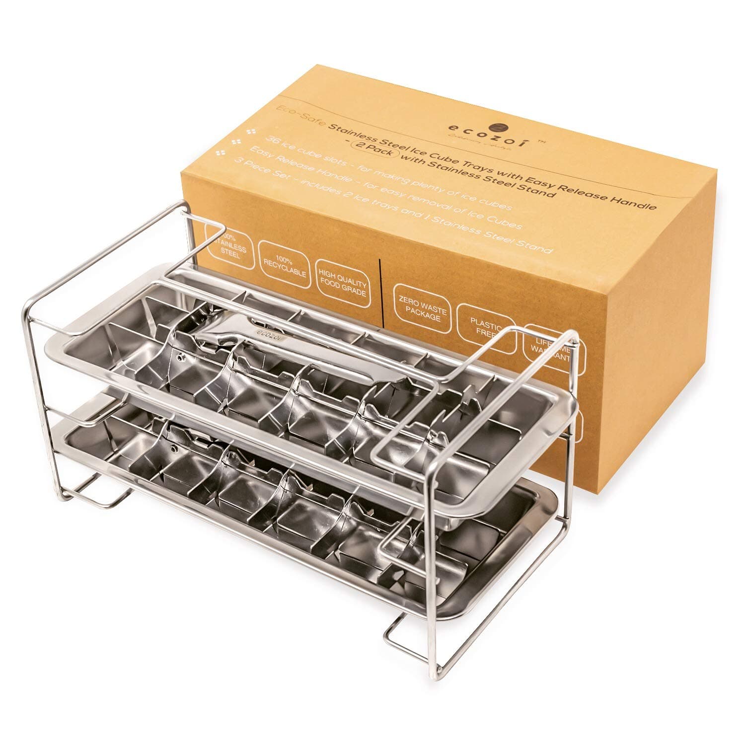 ecozoiNon-Toxic Stainless Steel Ice Cube Tray . 2 Pack, 36 Large Cube Slots. Plastic Free Eco Friendly Freezer Mold W/Easy Release Lever. Stackable Retro Inspired Old Fashioned Vintage Ice-Making