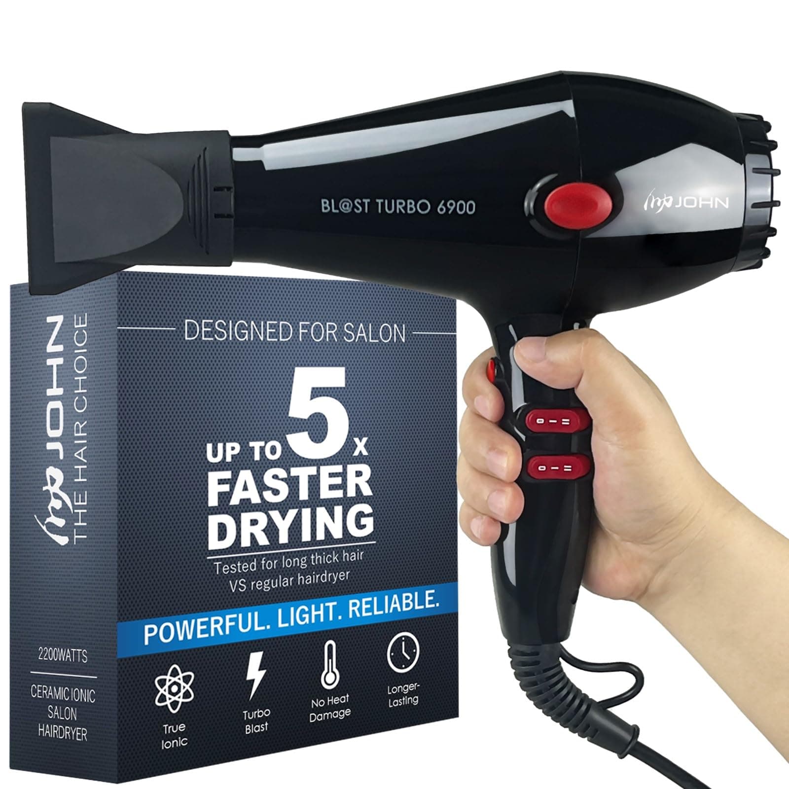 Professional Hair Blow Dryer, Fast Drying Powerful 2200W, Ionic for No Damage to Hair, Blast Turbo 6900, Black