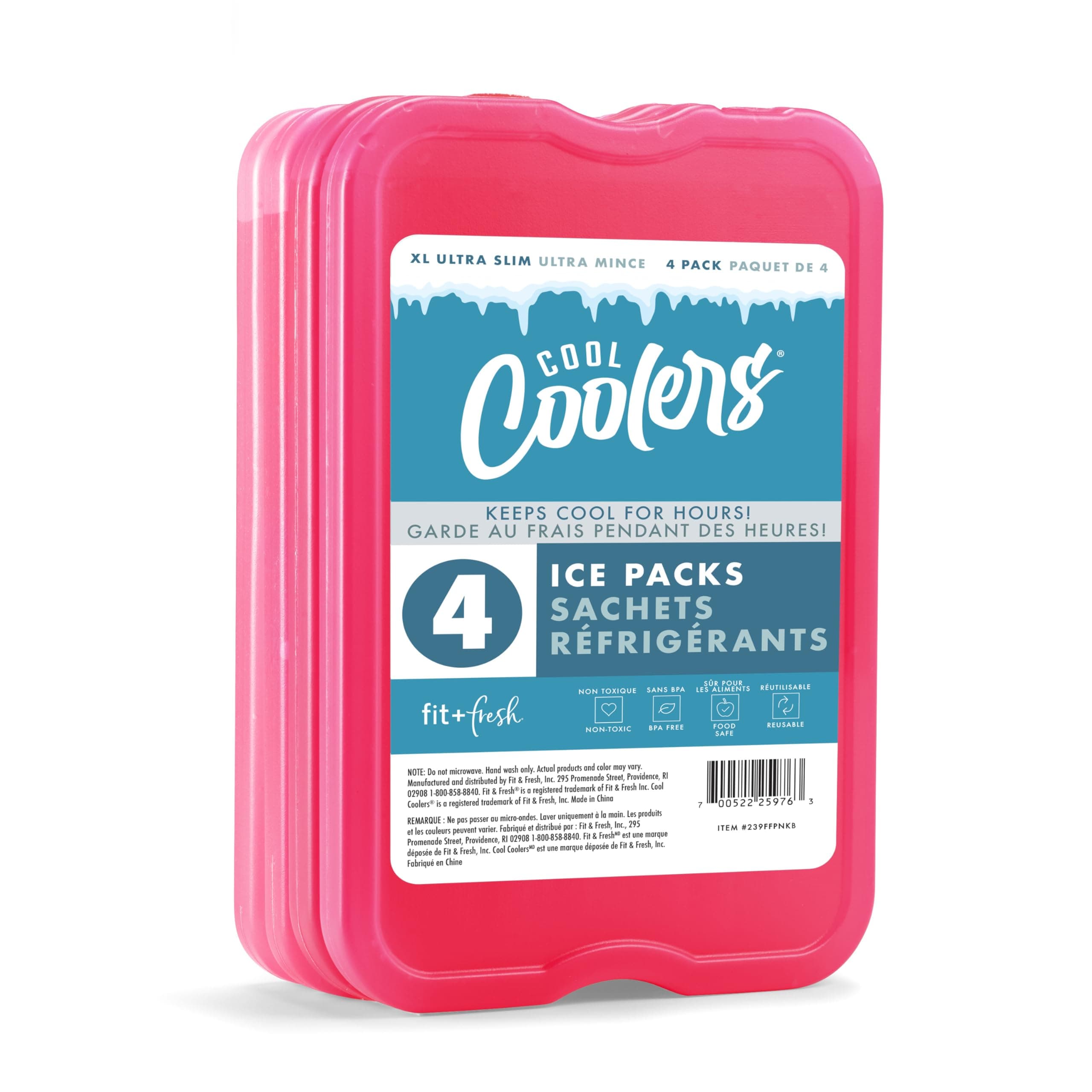 Cool Coolers by Fit & Fresh 4 Pack XL Slim Ice Packs, Quick Freeze Space Saving Reusable Ice Packs for Lunch Boxes or Coolers