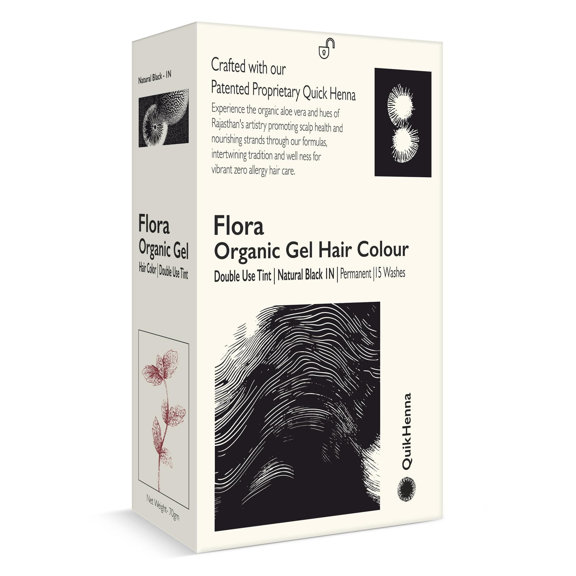 Quik Henna Flora Organic Gel Double Use Hair Colour With QH+ | 100% Grey Coverage, Ammonia & PPD Free Natural, Long-Lasting Hair Color for Men & Women | 1N Natural Black, 70gm, Pack Of 1