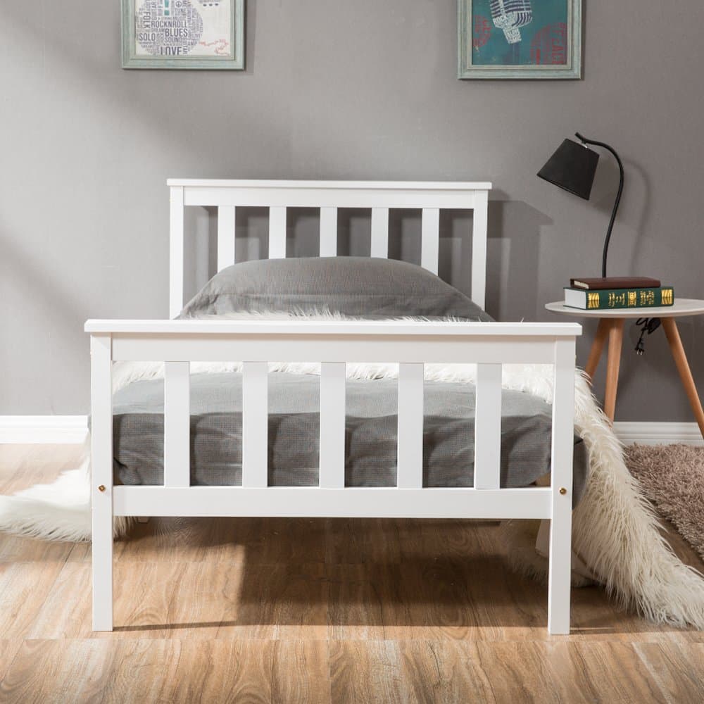 Single Bed Wooden Frame White Solid Pine for Adults, Kids, Teenagers (Single Bed)