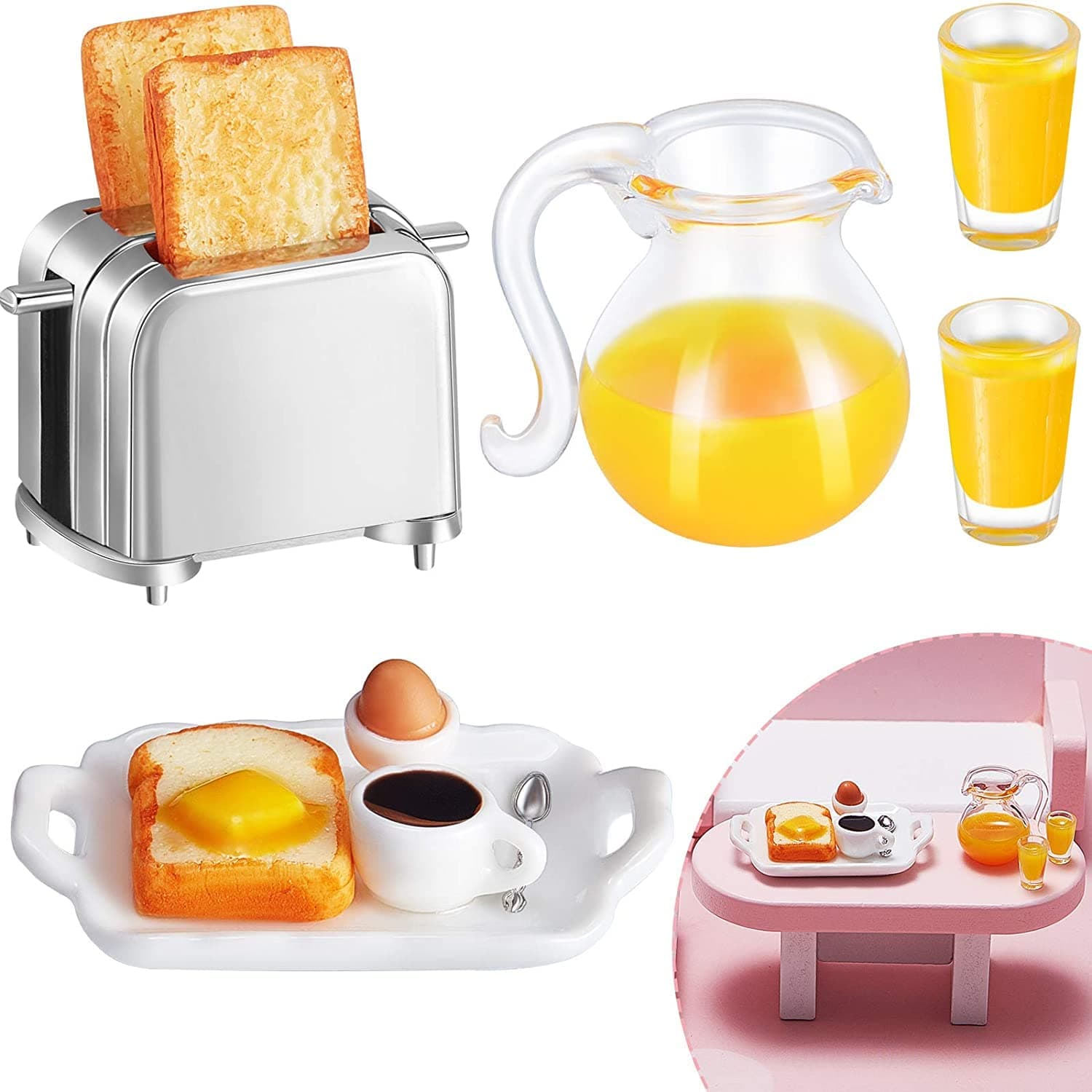 SYOSI Dolls Accessories, Dollhouse Decoration Accessories, 1:12/1:6, Dollhouse Miniature Scene Model, Miniature Scene Model, Mini Scene, Breakfast Set, Pretend Toy (Juice, Butter, Bread Machine Set)