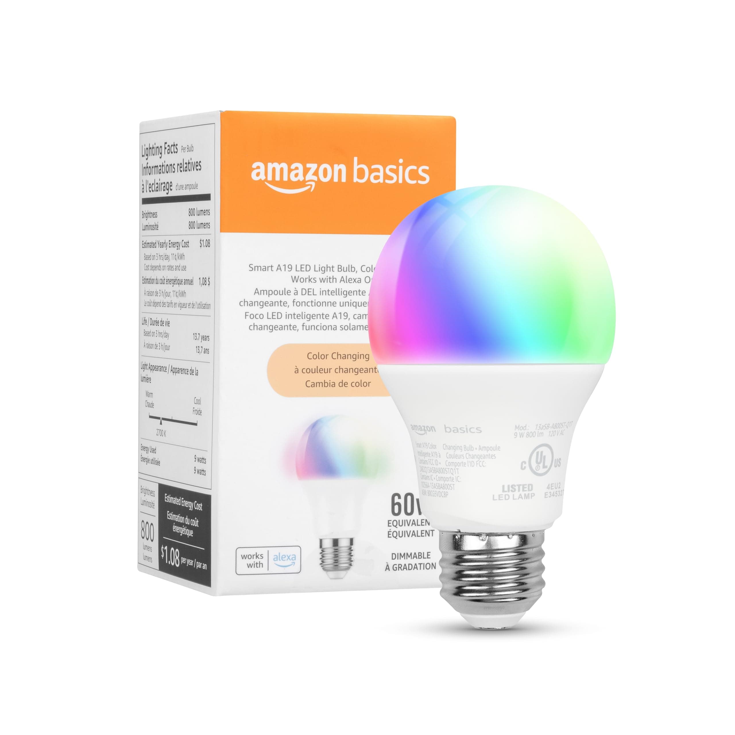 Amazon Basics Smart A19 LED Light Bulb, Color Changing, 9W (60W Equivalent), 800LM, Works with Alexa Only, WiFi 2.4 GHz, No Hub Required, Mood Lighting, Energy Efficient, 1-Pack