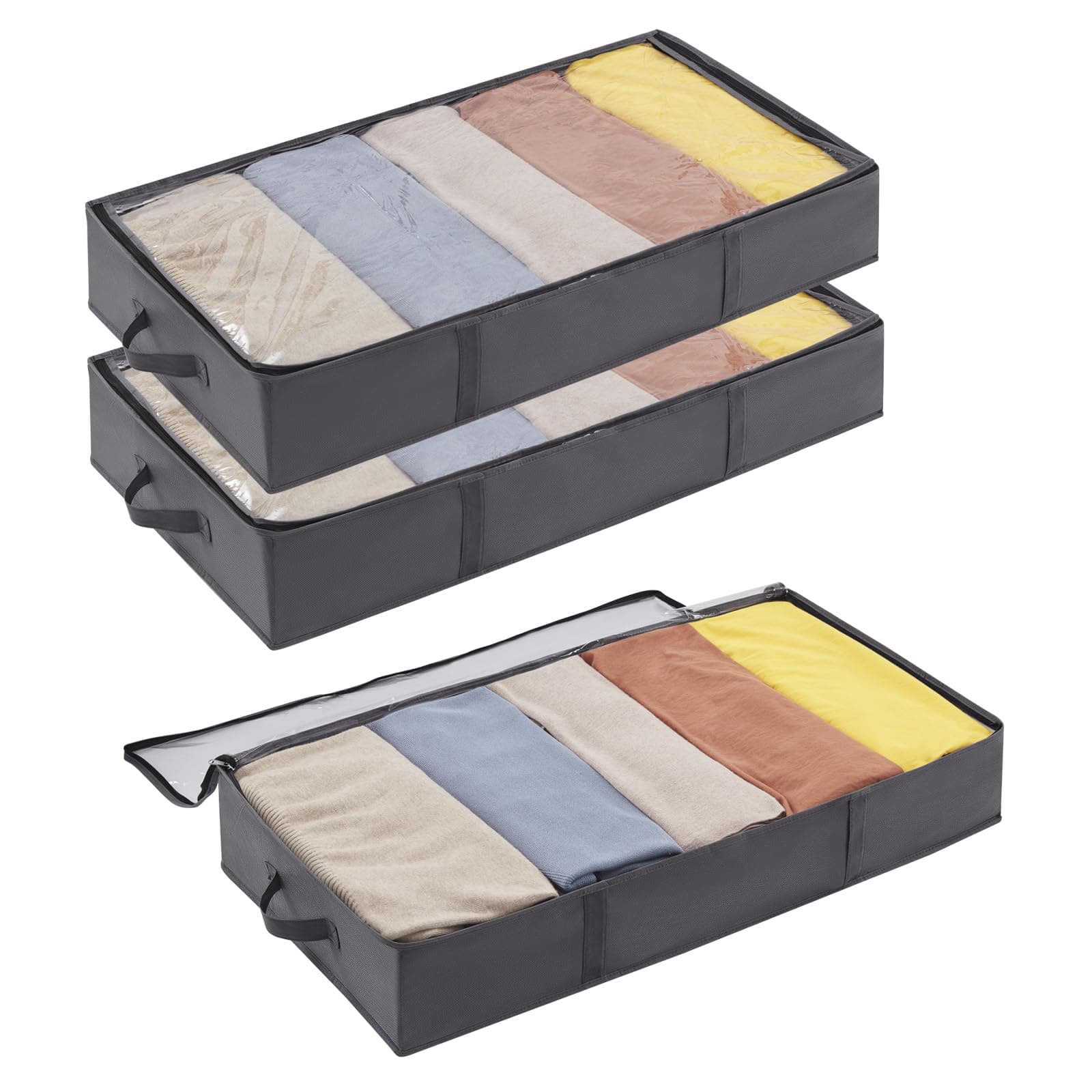 Lifewit 3 Pack 65L Under Bed Storage, Underbed Storage Boxes with lid Clothes Storage Bag Wardrobe Storage Organiser with Reinforced Handle, PVC Window for Duvet, Blanket, Clothing, Shoes, Grey
