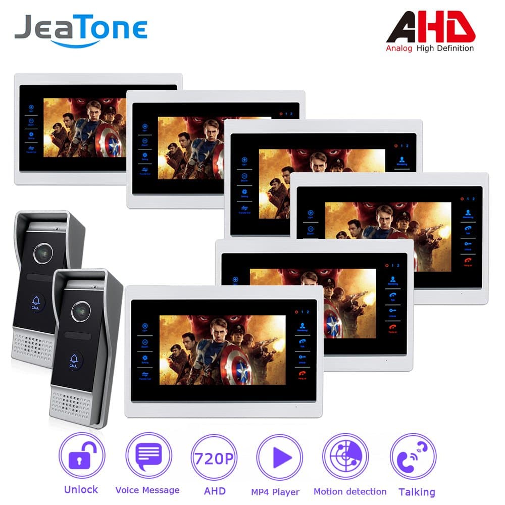 Jeatone 7inch TFT LCD Color Intercom System AHD Video Door Phone with Touch Button Waterproof for Villa 6 Monitors 2 Cameras