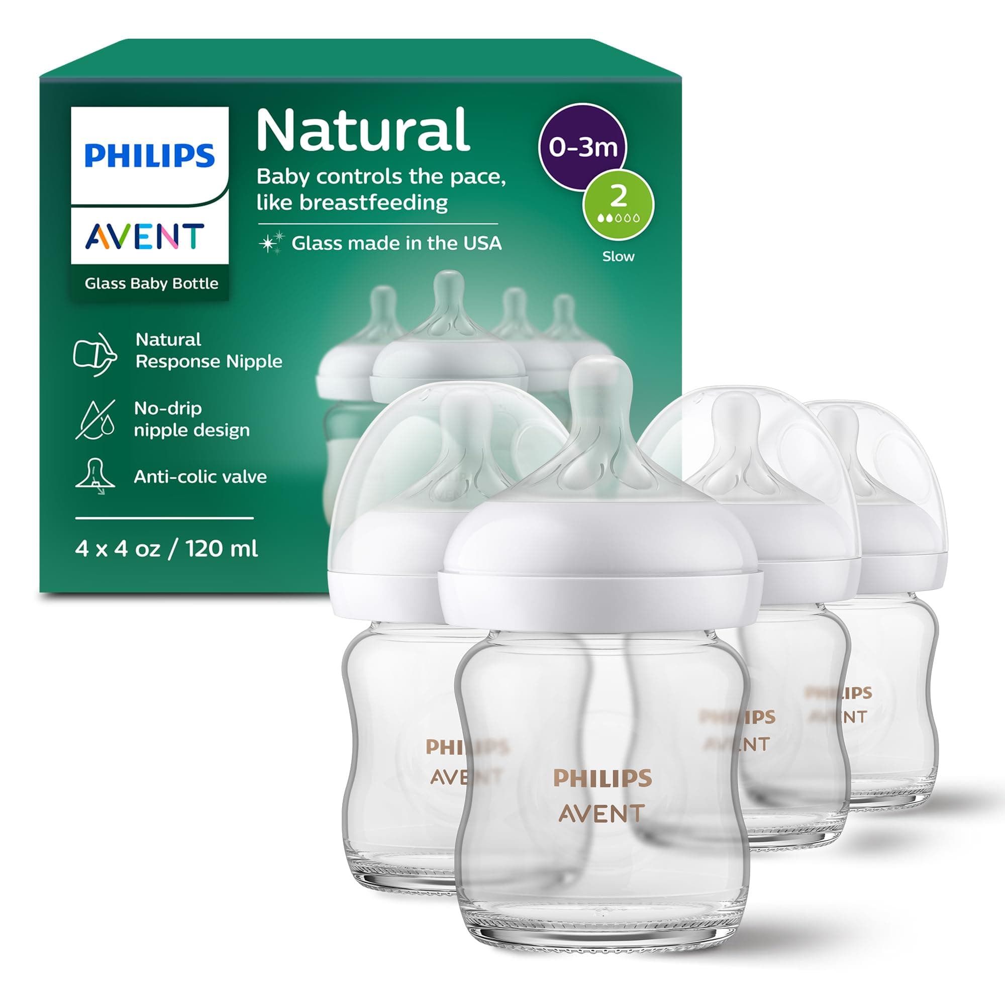 Philips AVENT Glass Natural Baby Bottle with Natural Response , Clear, 4oz, 4pk, SCY910/04