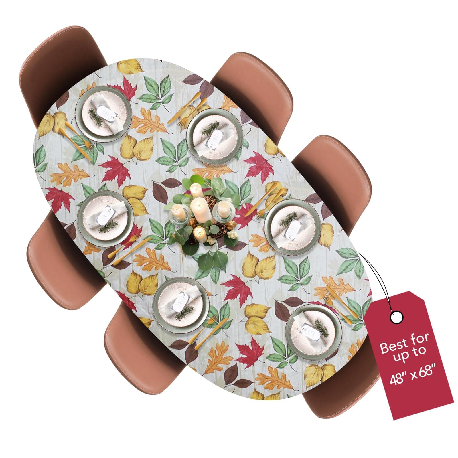 Covers For The Home Deluxe Elastic Edged Flannel Backed Vinyl Fitted Table Cover - All-Over Leaves Pattern - Round Oblong Oval - Fits Tables up to 48" W x 68" L