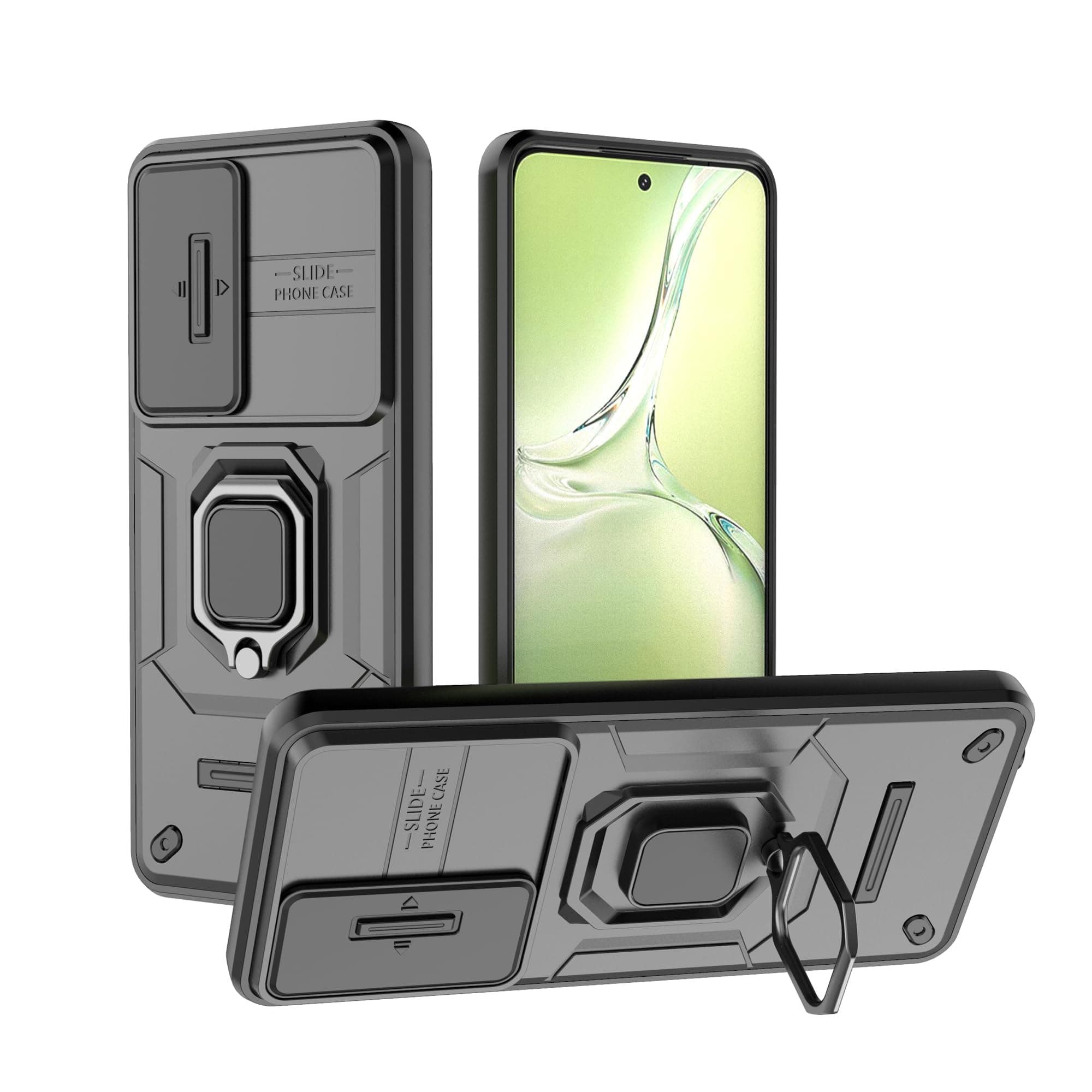 Lustree Back Cover Shockproof Silicone Military Anti-Drop Case with 360° Metal Bracket and Sliding Camera Cover Case for Oppo K12x - Black