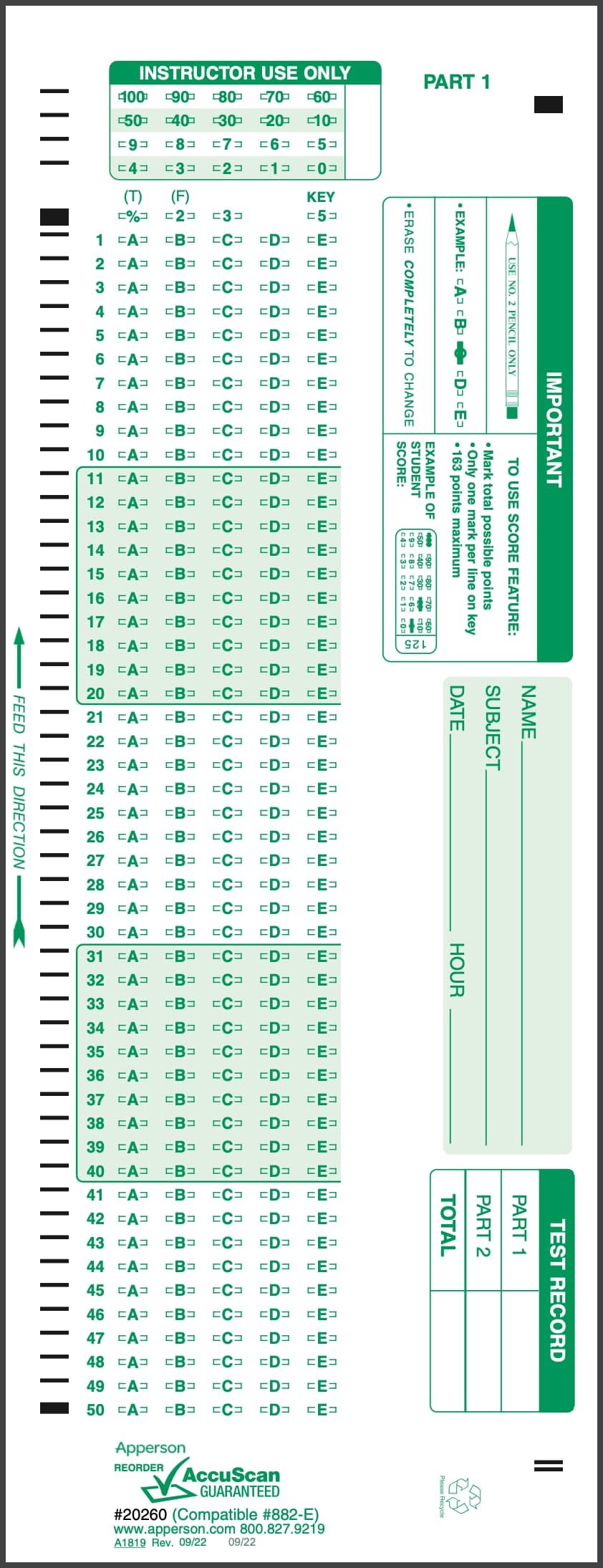 20260 882-E Compatible Answer Sheet 50-Pack