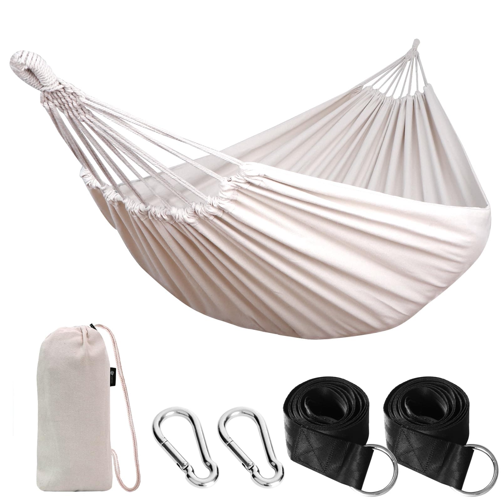 ANYOO Cotton Hammock Comfortable Fabric with Tree-friendly Straps, Durable Portable Hammock with Travel Bag,Perfect for Garden Camping Outdoor/Indoor Patio Balcony Backyard White