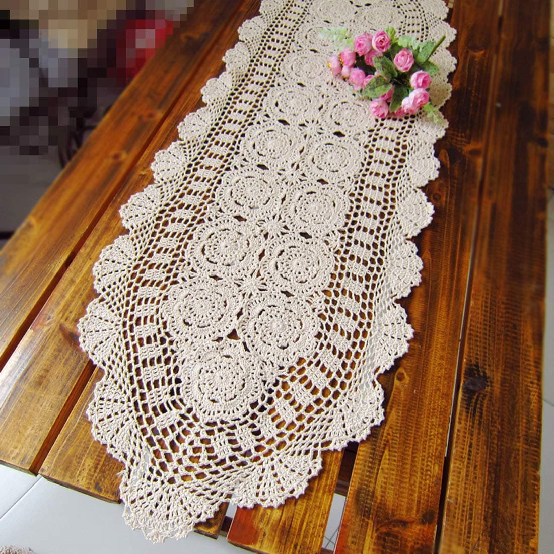 Damanni Oval Cotton Handmade Crochet Lace Table Runner Doilies Dresser Scarf,15 Inch by 51 Inch，Beige