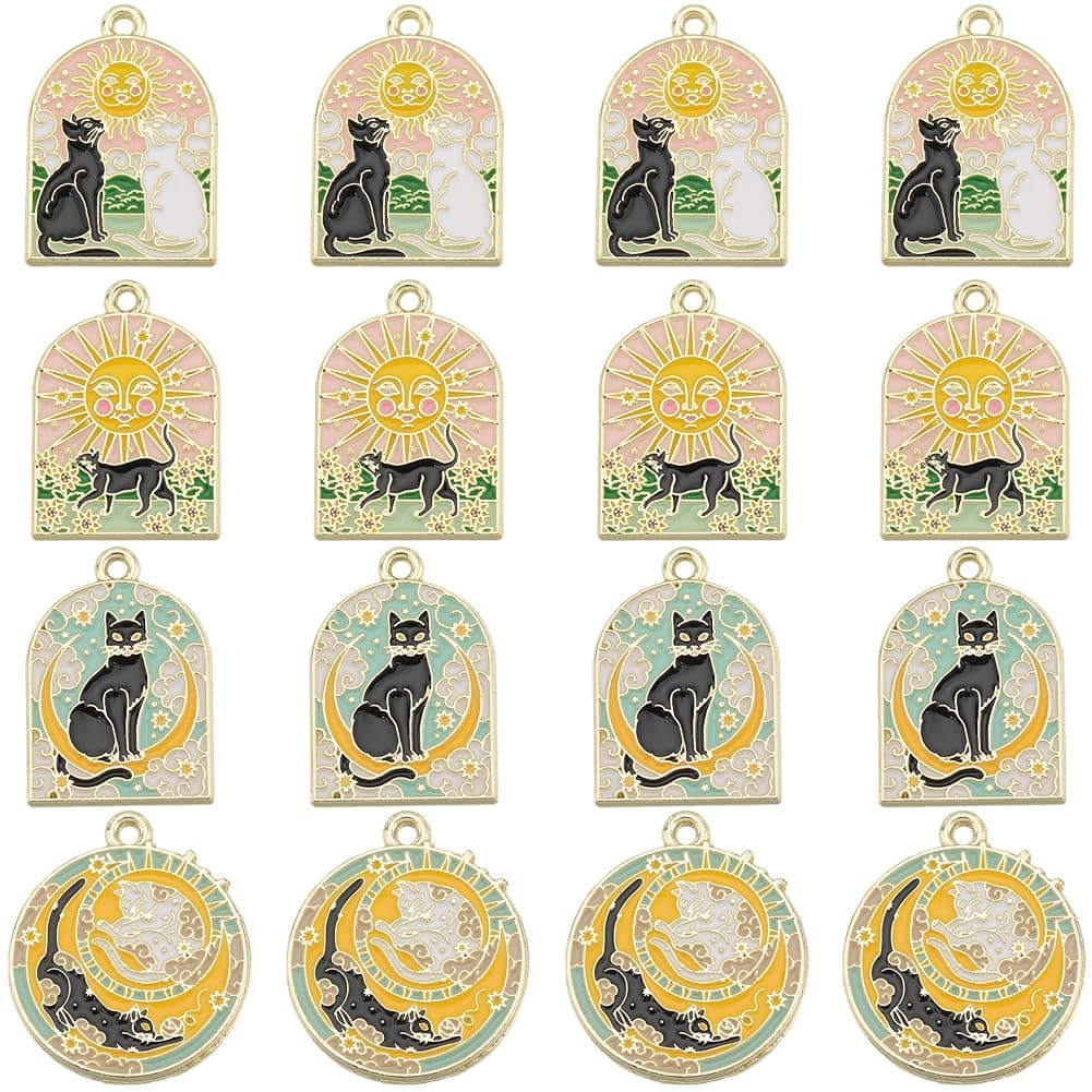 SUNNYCLUE1 BOX 16PCS Alloy Tarot Card Charms Cat Charms Bulk Enamel Magic Gothic Planchette Sun Moon Divination Amulet Lucky Goth Charms for Jewelry Making Charms Diy Earrings Bracelet Necklace Craft