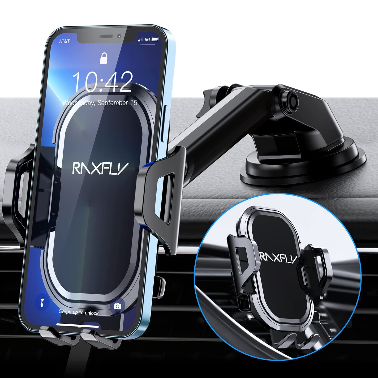 RAXFLY Car Phone Holder Dashboard Mount Phone Holder for Cars Windscreen Air Vent Car Cradle 4 in 1 Strong Suction Hands Free Stand Compatible with iPhone 14 13, Samsung, Smartphones (Black 3 in 1)