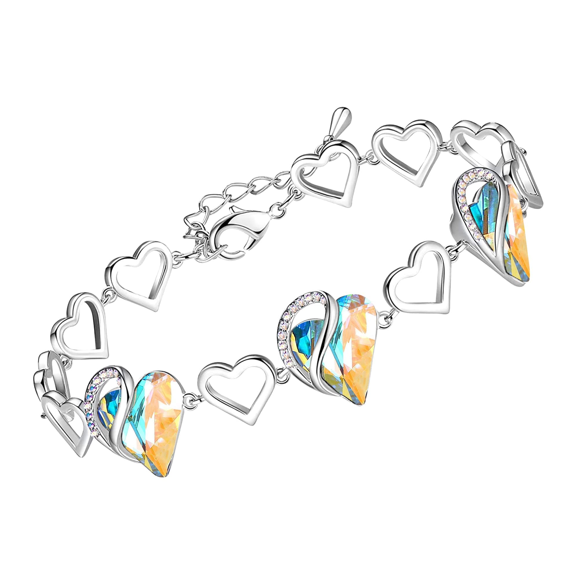 Leafael Infinity Love Heart Link Bracelets, Birthstone or Healing Stone Crystal Bracelet for Women, Silver Tone Jewelry Gifts for Her, 7-inch Chain and 2-inch Extender