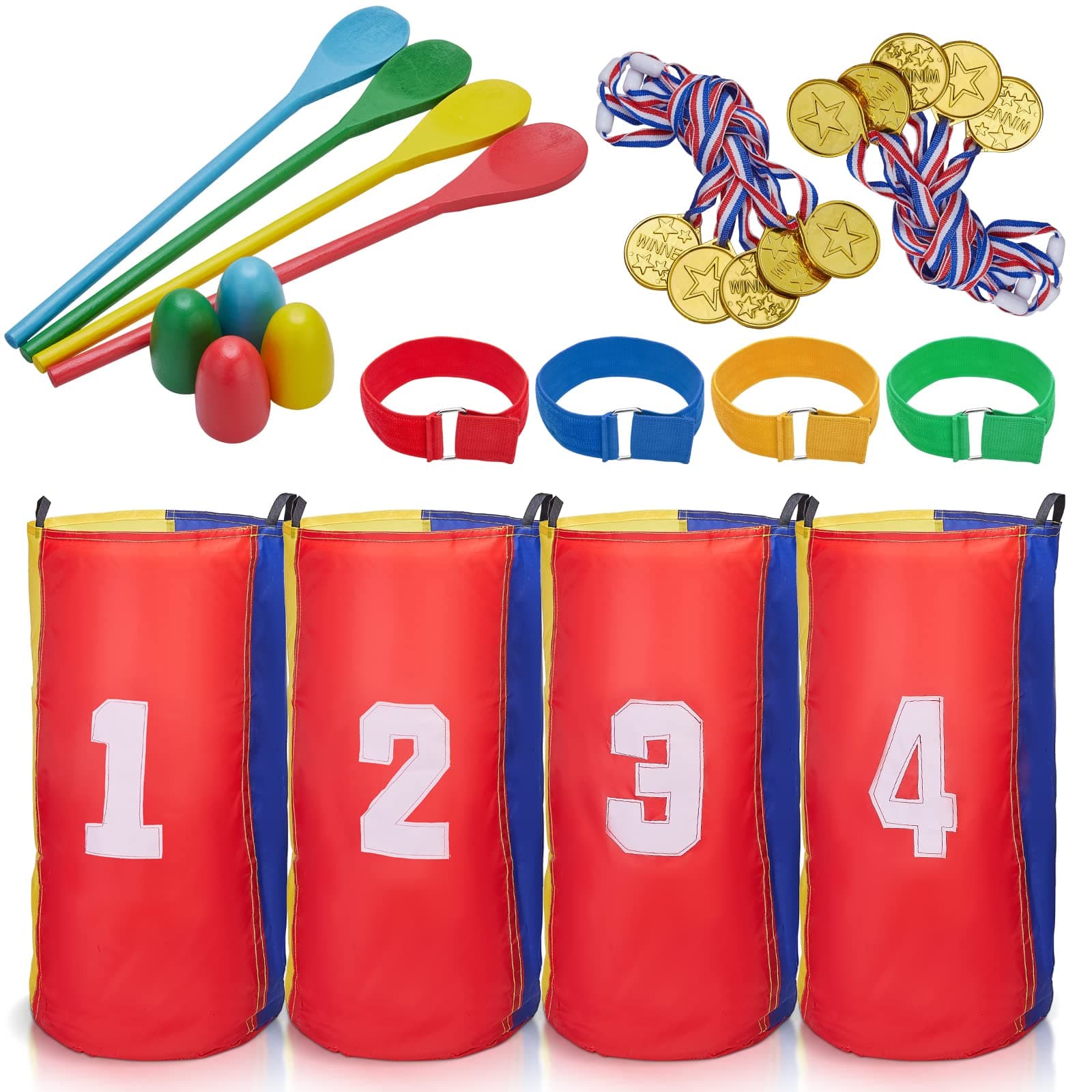 26PCS Outdoor Games Potato Sack Race Bags for Kids and Adults, 3-Legged Race Bands, with Egg and Spoon Lawn Games for Outside Backyard Field Day Birthday Party Games Easter for Kids and Family