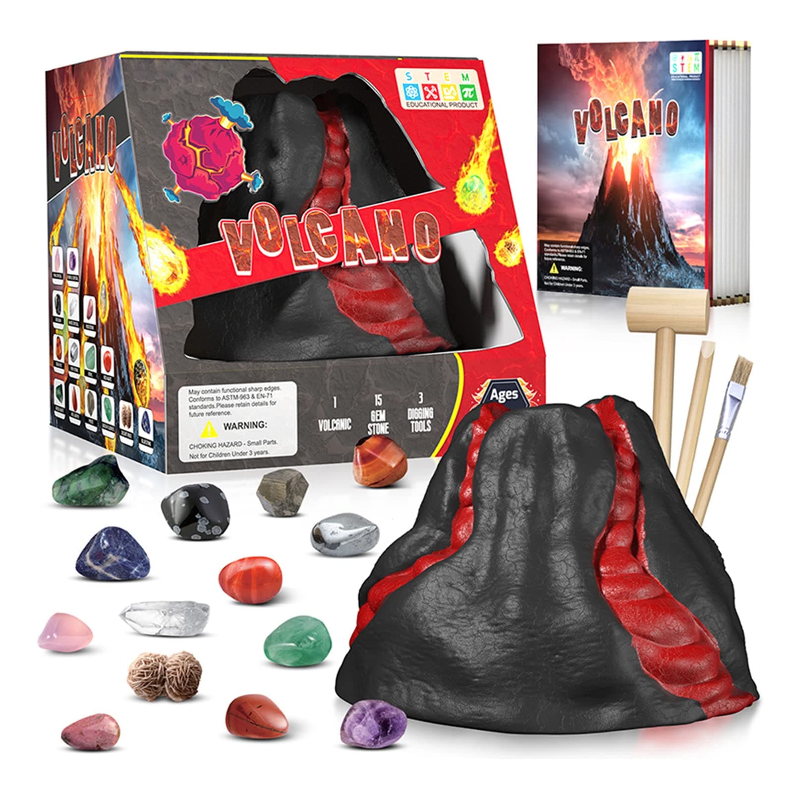 AM ANNA Science Kits for Kids 4-12, Volcano Excavate 15 Real Fossils and Gems STEM Projects, Gifts for 6 Year Old Boys, Girls Educational Toys 5-7 (Volcano Science Kit)